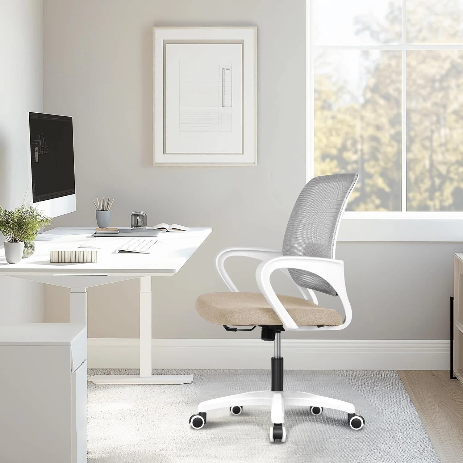 Adjustable Height Rolling Office Chair with Lumbar Support - Comfy Beige Design