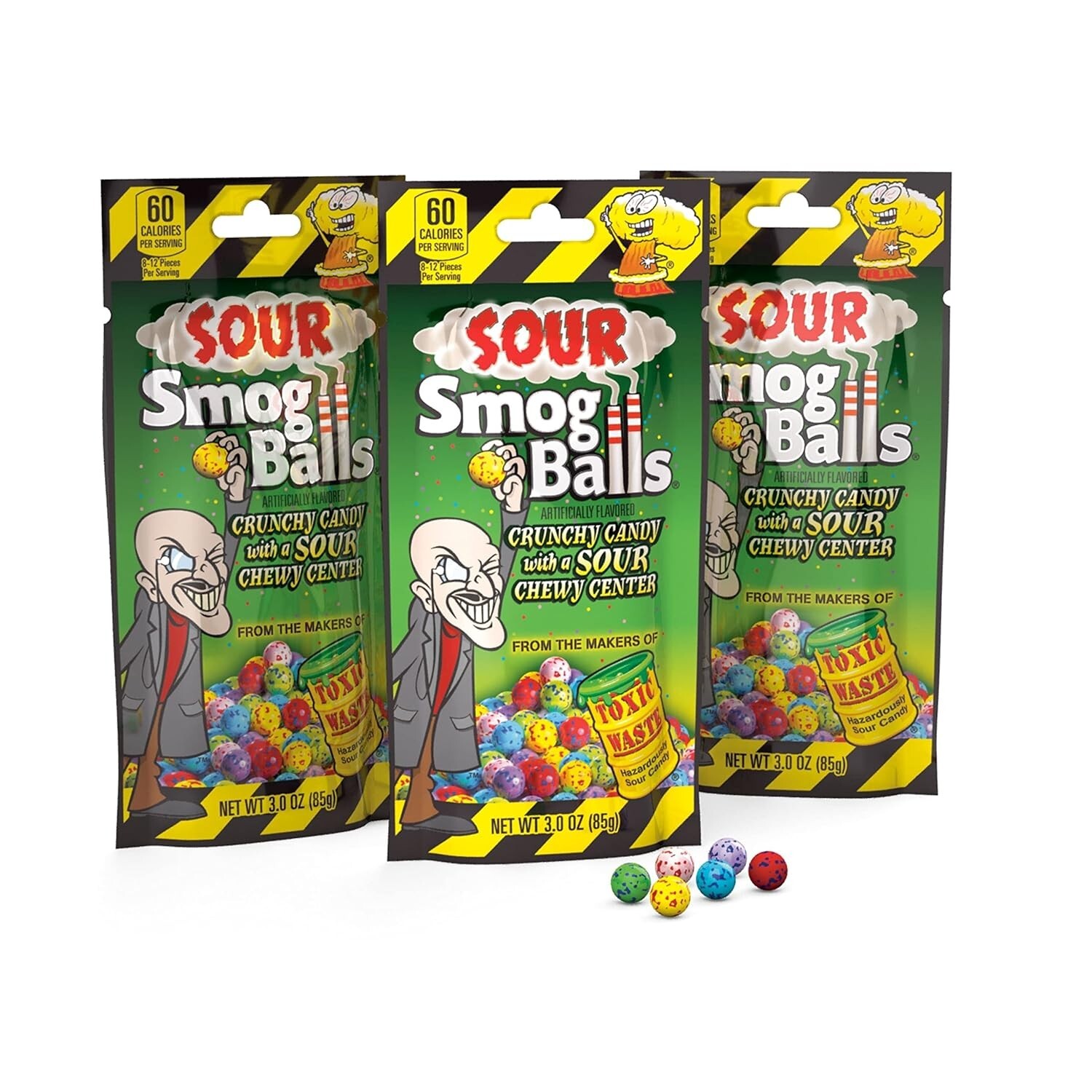 TOXIC WASTE 3-Pack Bags of Sour Smog Balls Deliciously Candy