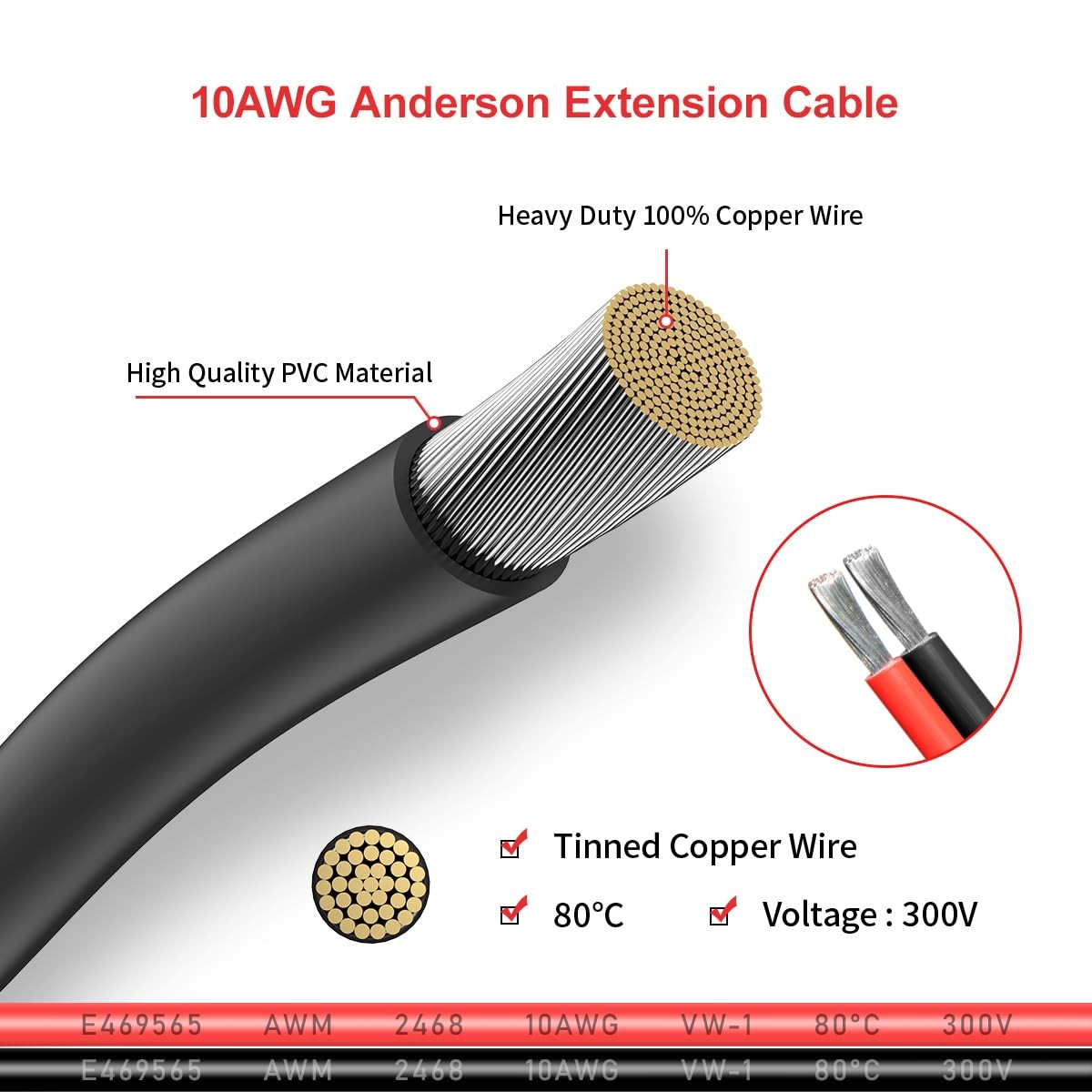 ELFCULB 10AWG 50FT Anderson Extension Cable Solar Power Generator Panel Anderson