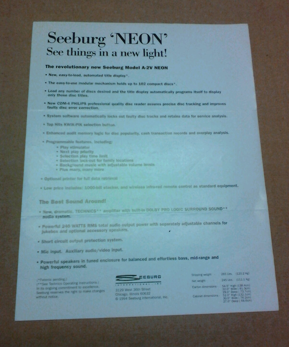 SEEBURG NEON CD Jukebox flyer- original