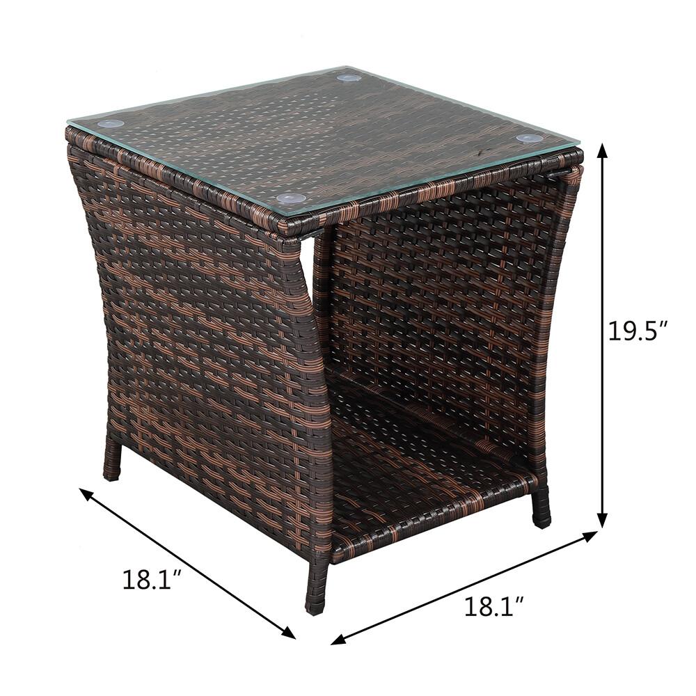 Patio Wicker Side Coffee Table Bistro Glass Table Outdoor End Table with Storage