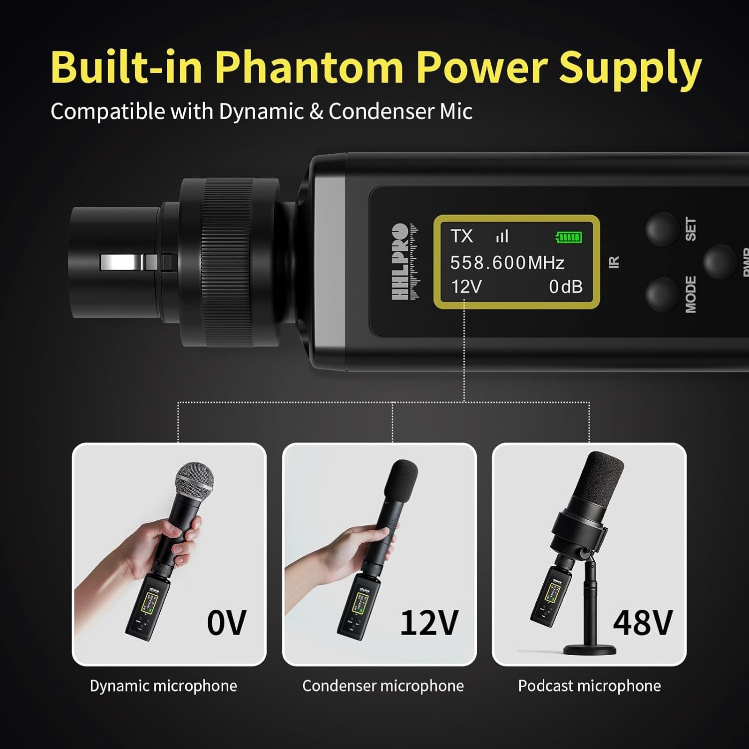 UHF Wireless XLR Transmitter and Receiver, 150 ft Range, Plug-on Wireless Mic...