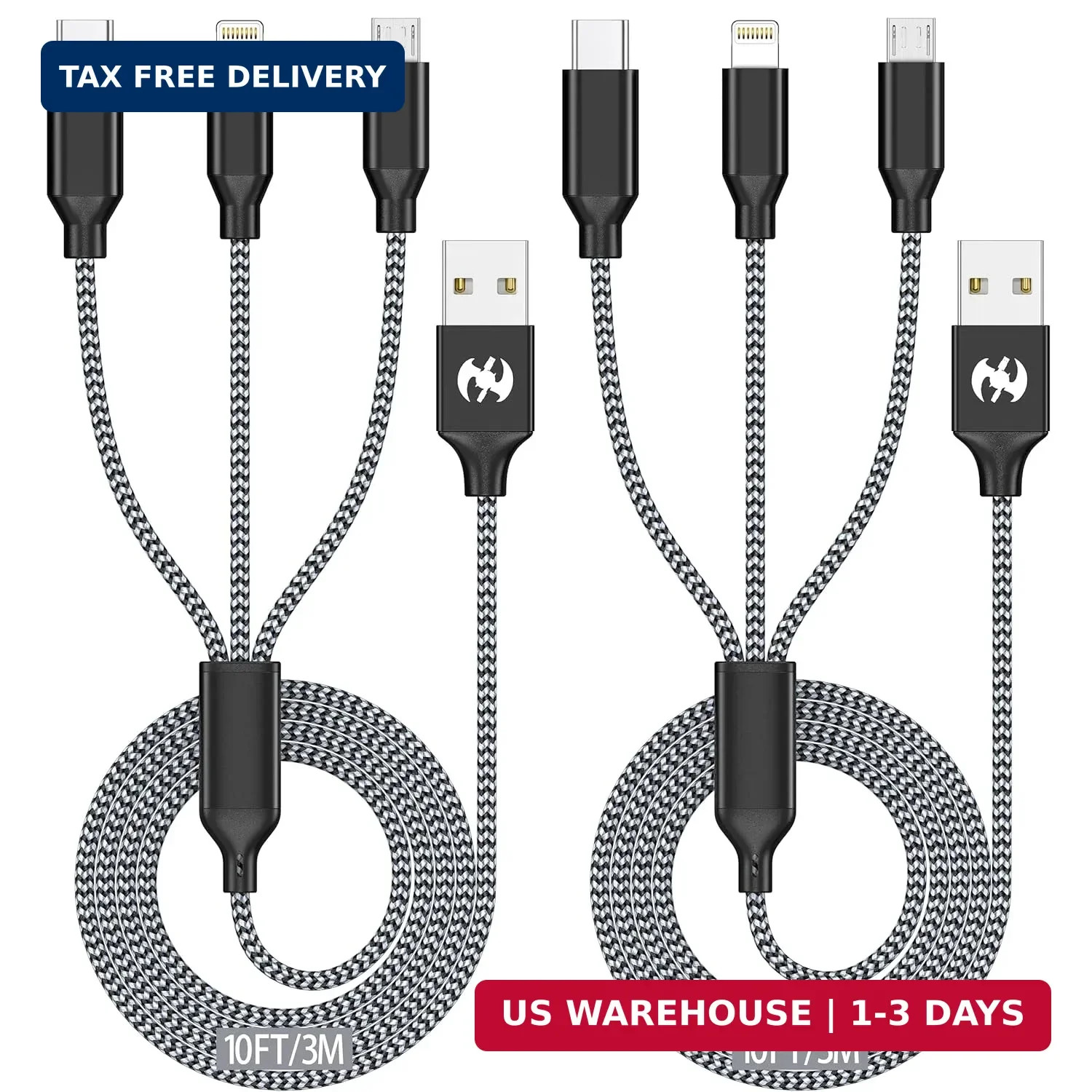 Multi Charging Cable 10ft 2Pack 3 in 1 Charger Cord, Long Multiple Rapid Nylon B