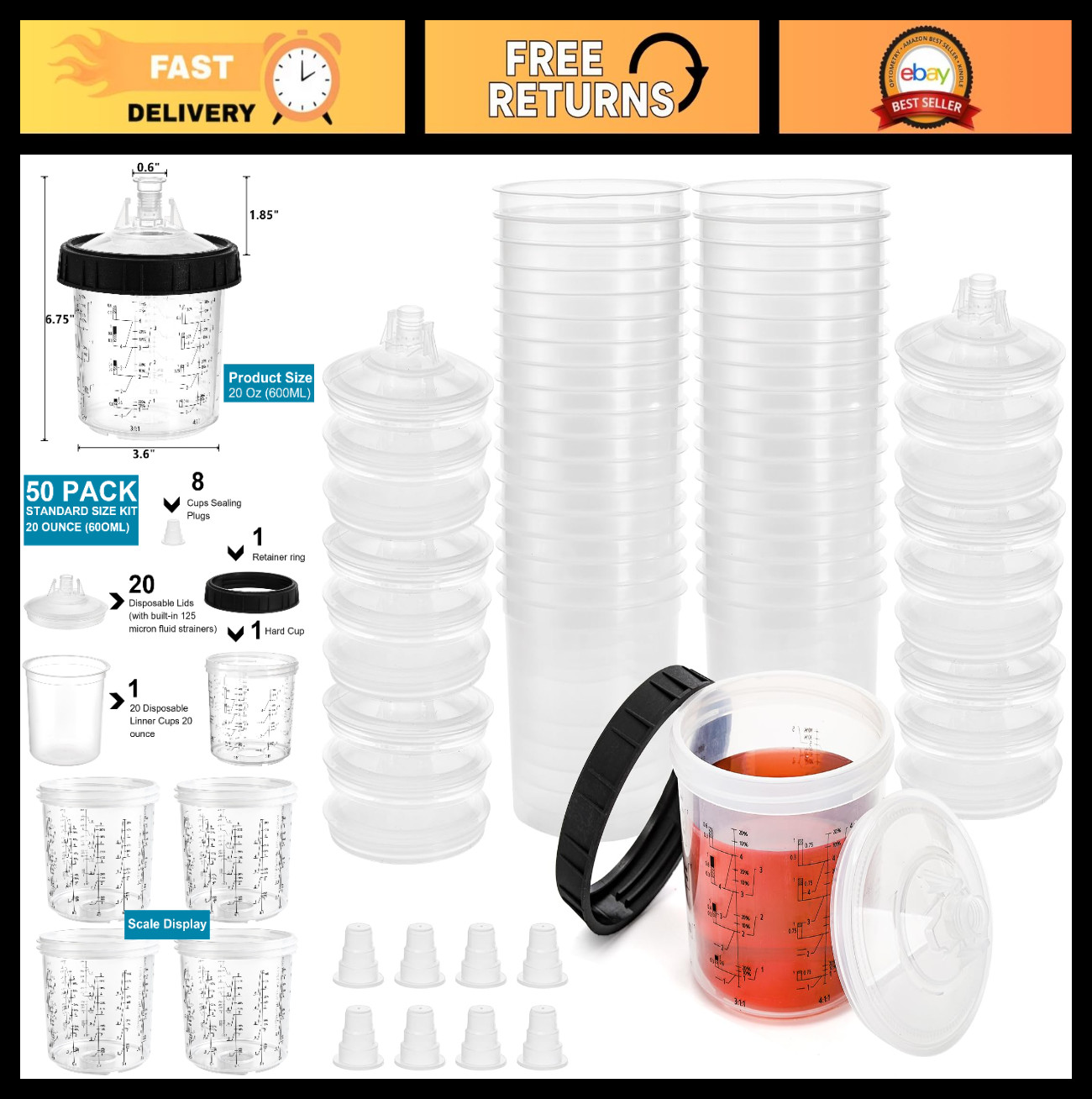 Disposable Paint Sprayer Mixing Gun Cup Liners & Lids - 20 Pack, 600ml, Strainer