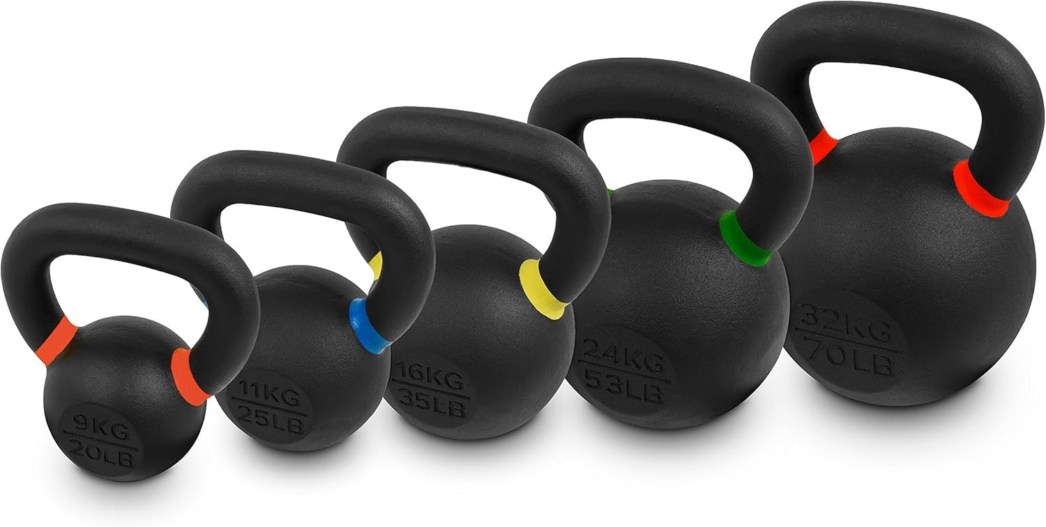Premium Cast Iron Kettlebells Powder Coated Kettle Bell Weights - Includes LB an
