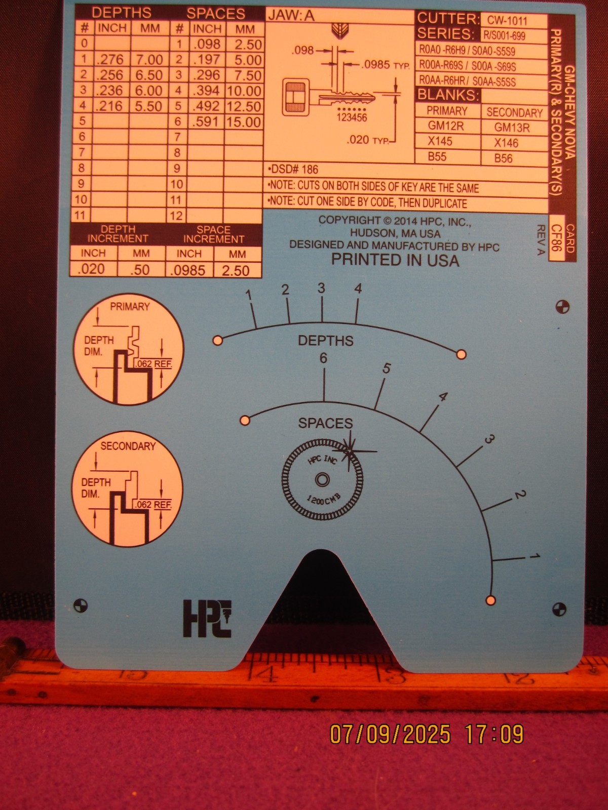 HPC 1200 BLITZ KEY CODE CARD CF 86 REV A ( GMC / CHEY NOVA PRIMARY R ) BRAND NEW