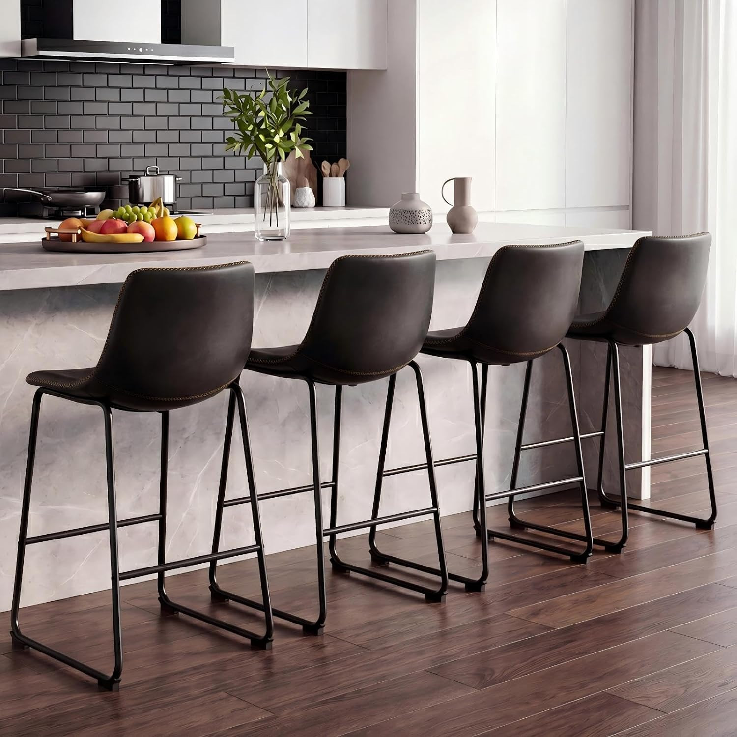 Set of 4 Black 26-Inch Counter Height Bar Stools with Back and Metal Legs