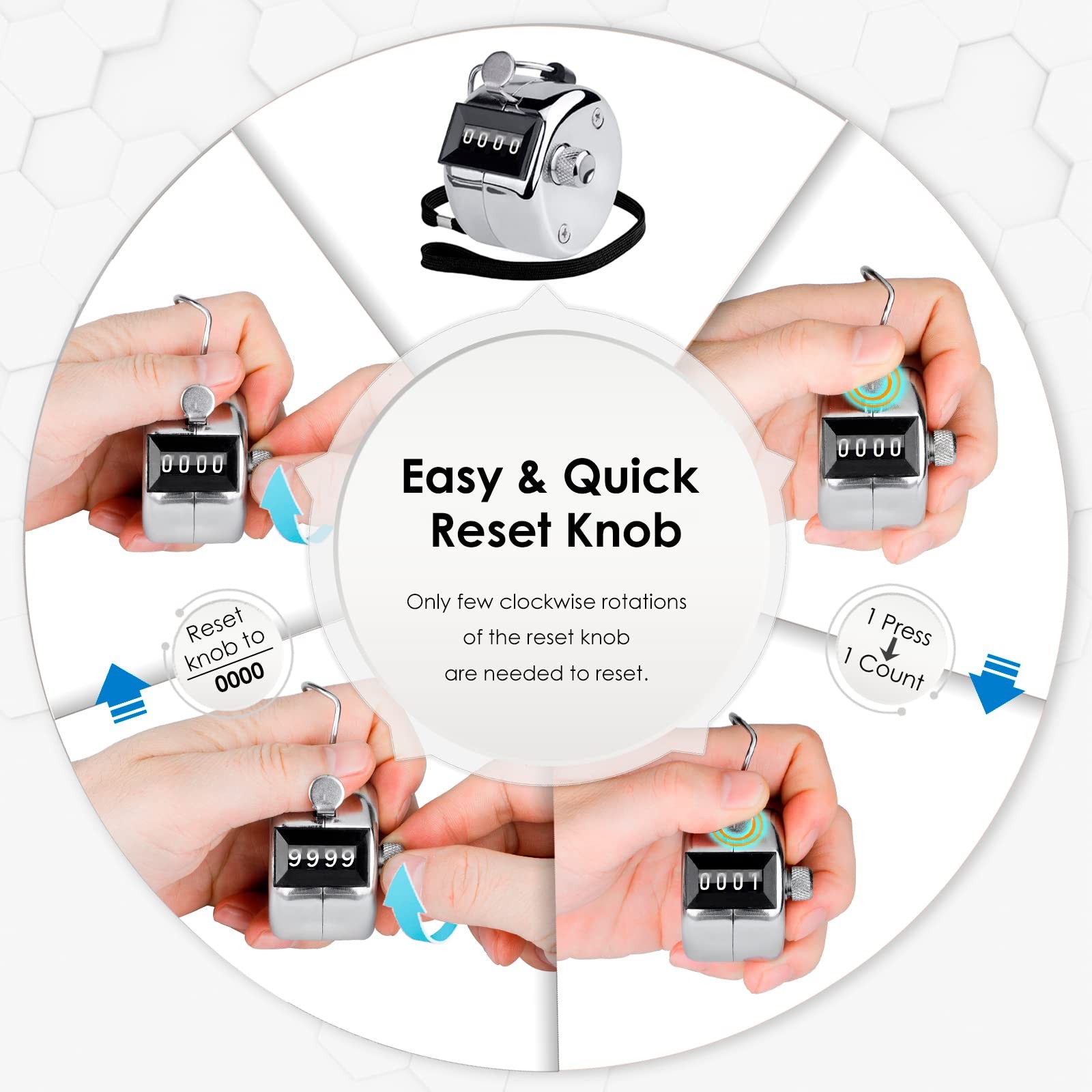 Metal Handheld Tally Counter, 4Digit Mechanical Clicker, 3Pack