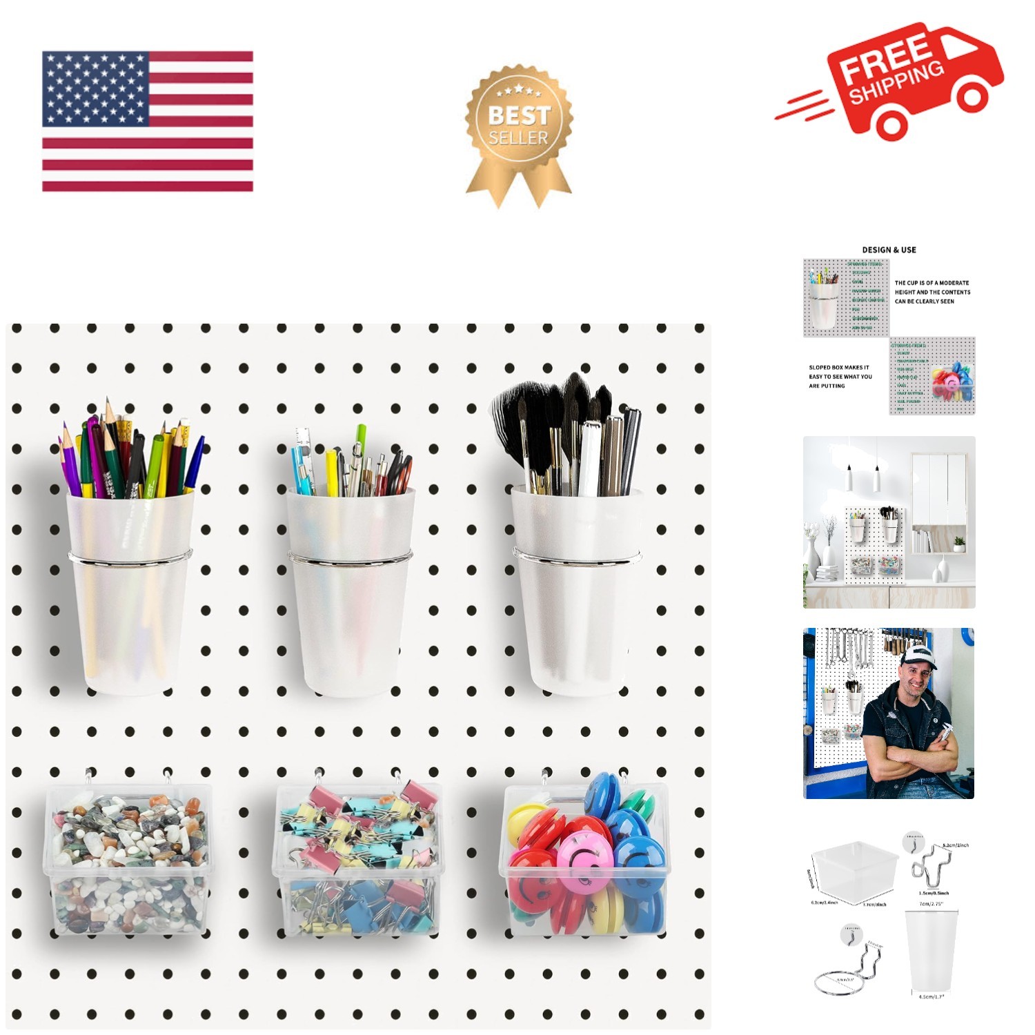 6 Sets Pegboard Bins and Cups with Pegboard Hooks, Pegboard Accessories Baske...