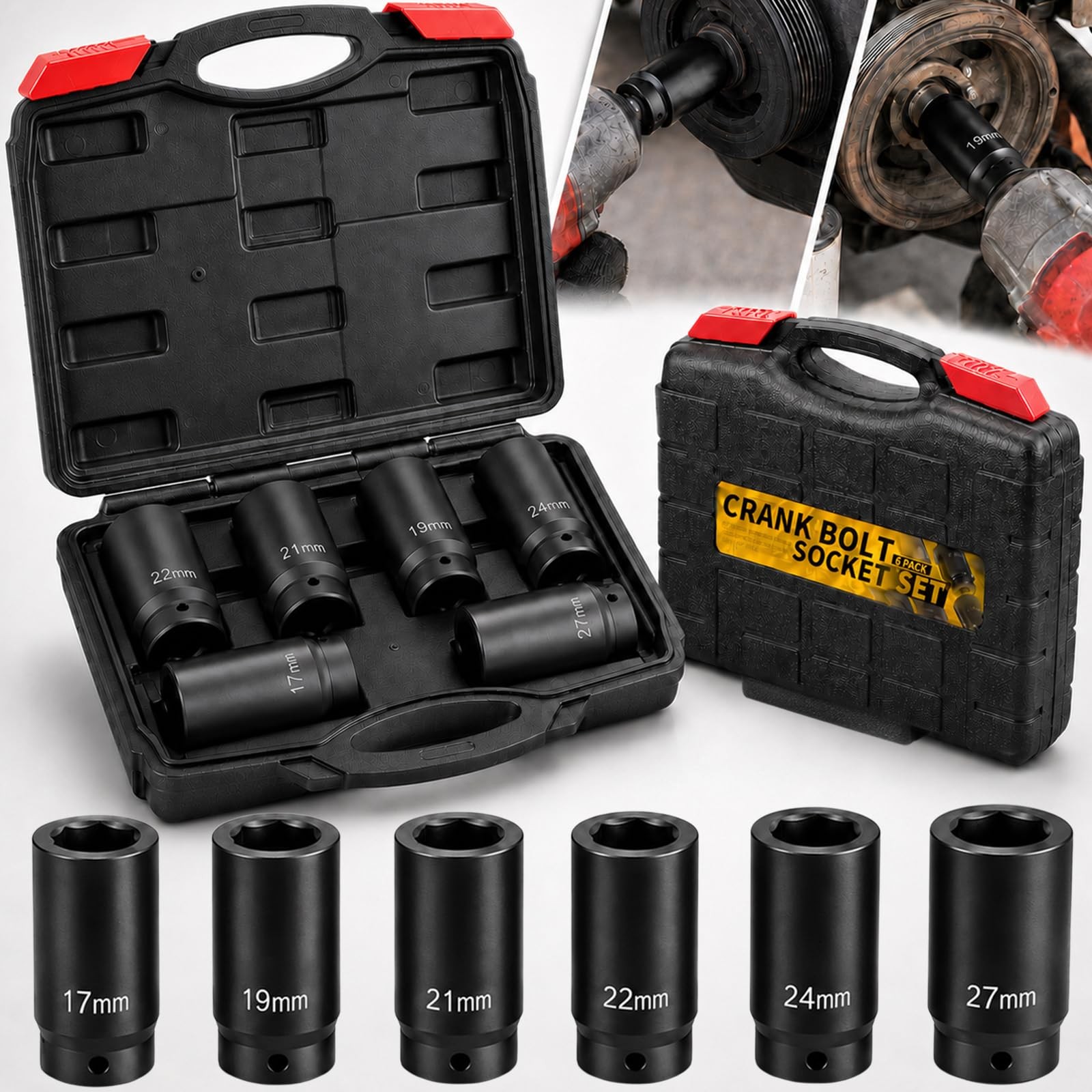 1/2" Drive Weighted Crank Bolt Socket Set, 17MM, 19MM, 21MM, 22MM, 24MM 27MM, Ha