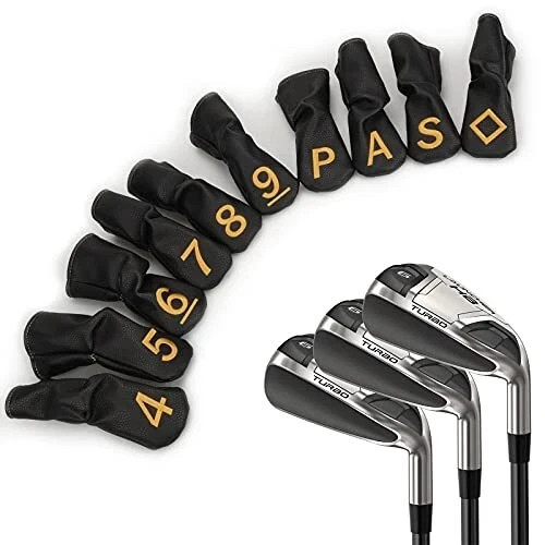 10pcs /Set Black Hybrid Iron Head Covers Protector with Large Gold Not Custom