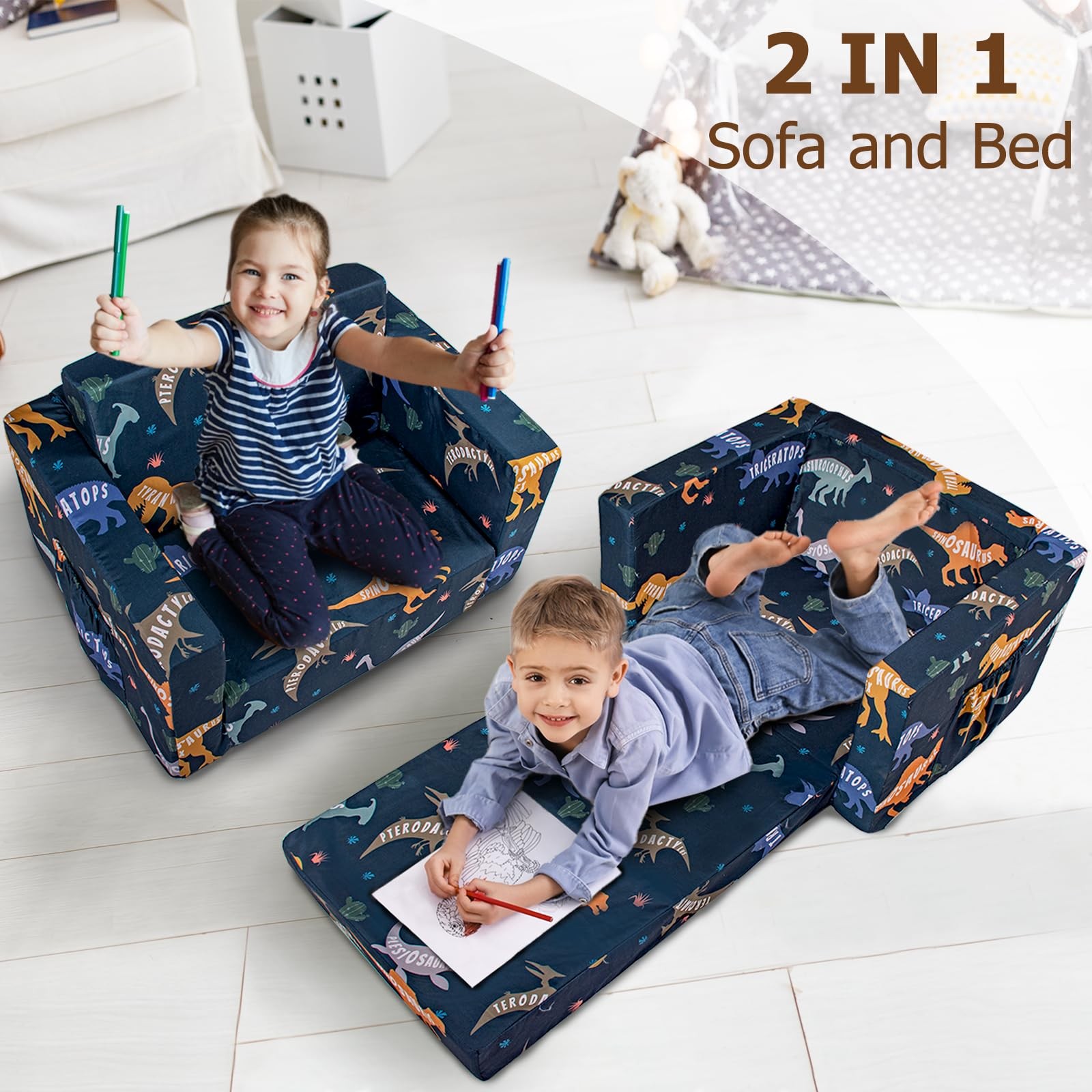 Couch, 2-in-1 Fold Out Couch, Convertible Kid Sofa to Lounger for Girls and B...