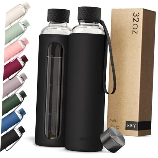 Glass Water Bottle with Silicone Sleeve 32 oz [WITH 33.8 Ounces Black