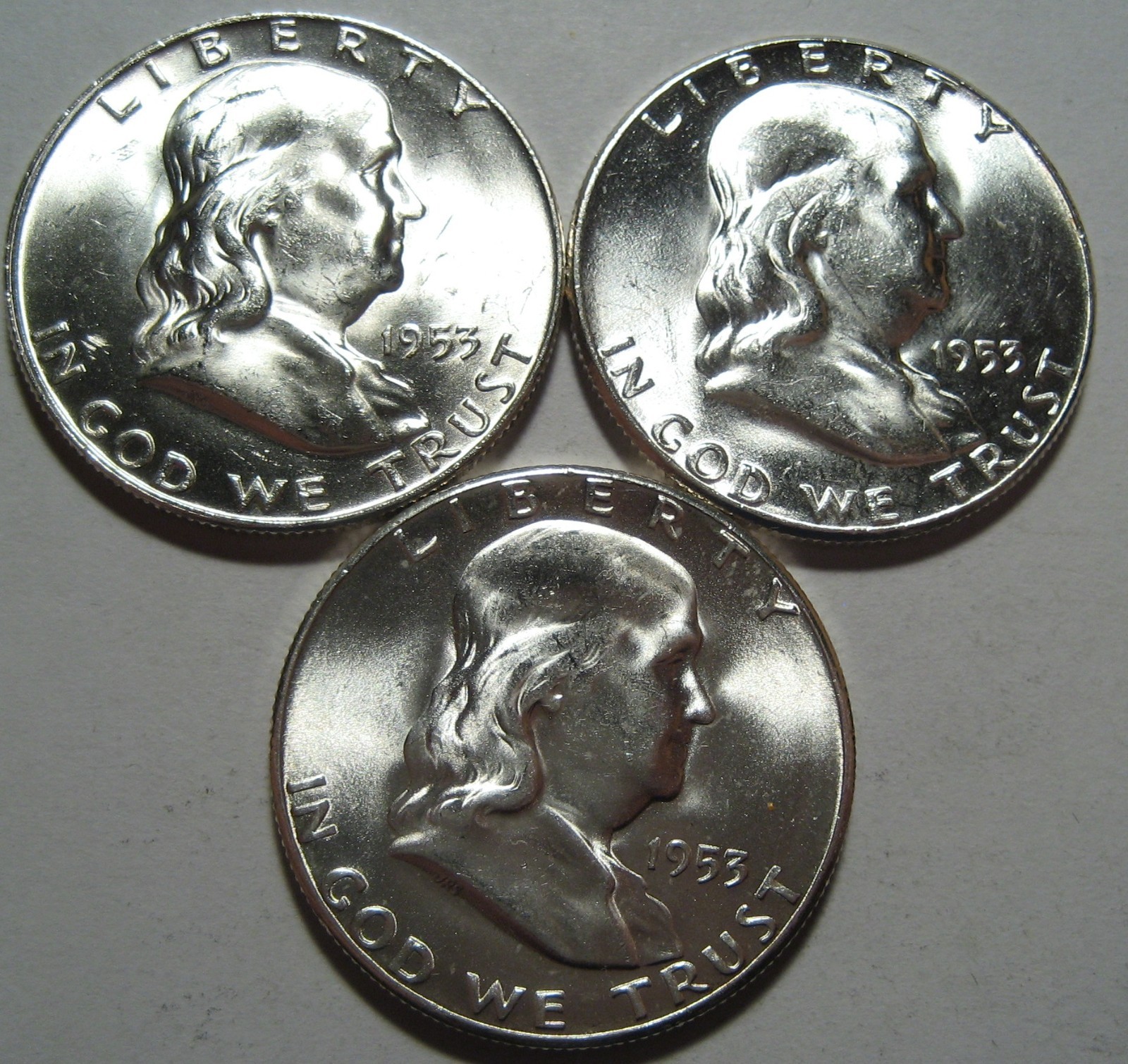 3 Coins = 1953-P 1953-D 1953-S BU FRANKLIN Halves, FREE Shipping
