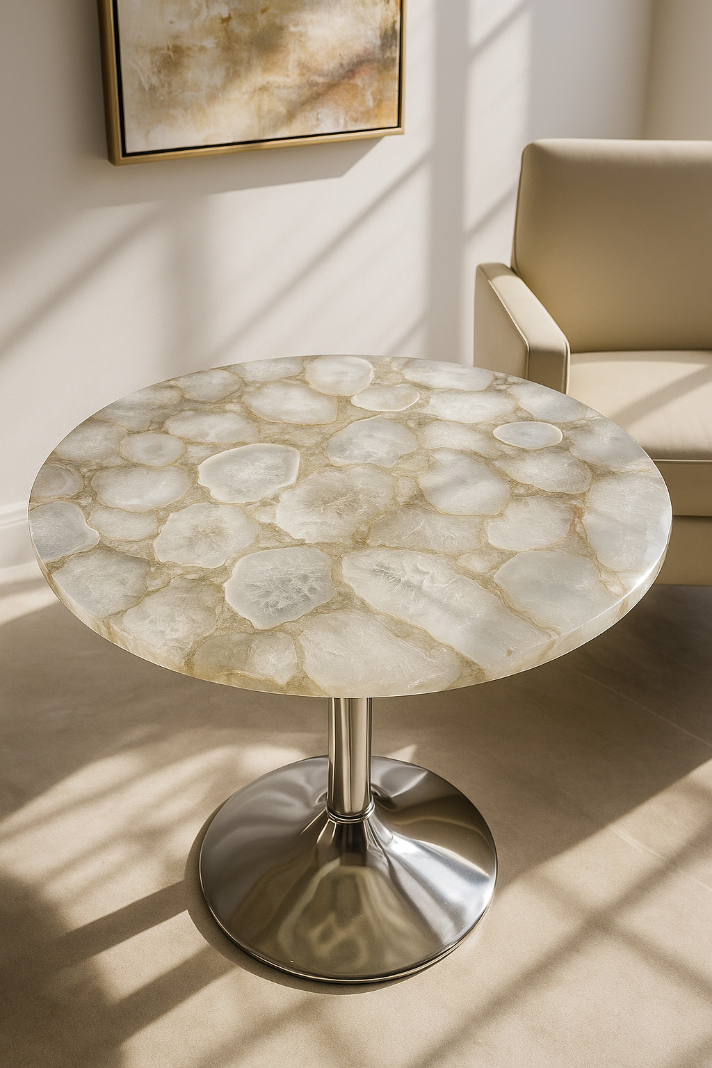 30” White Agate Round  Table top , Handmade Luxury Gemstone Accent corner Table