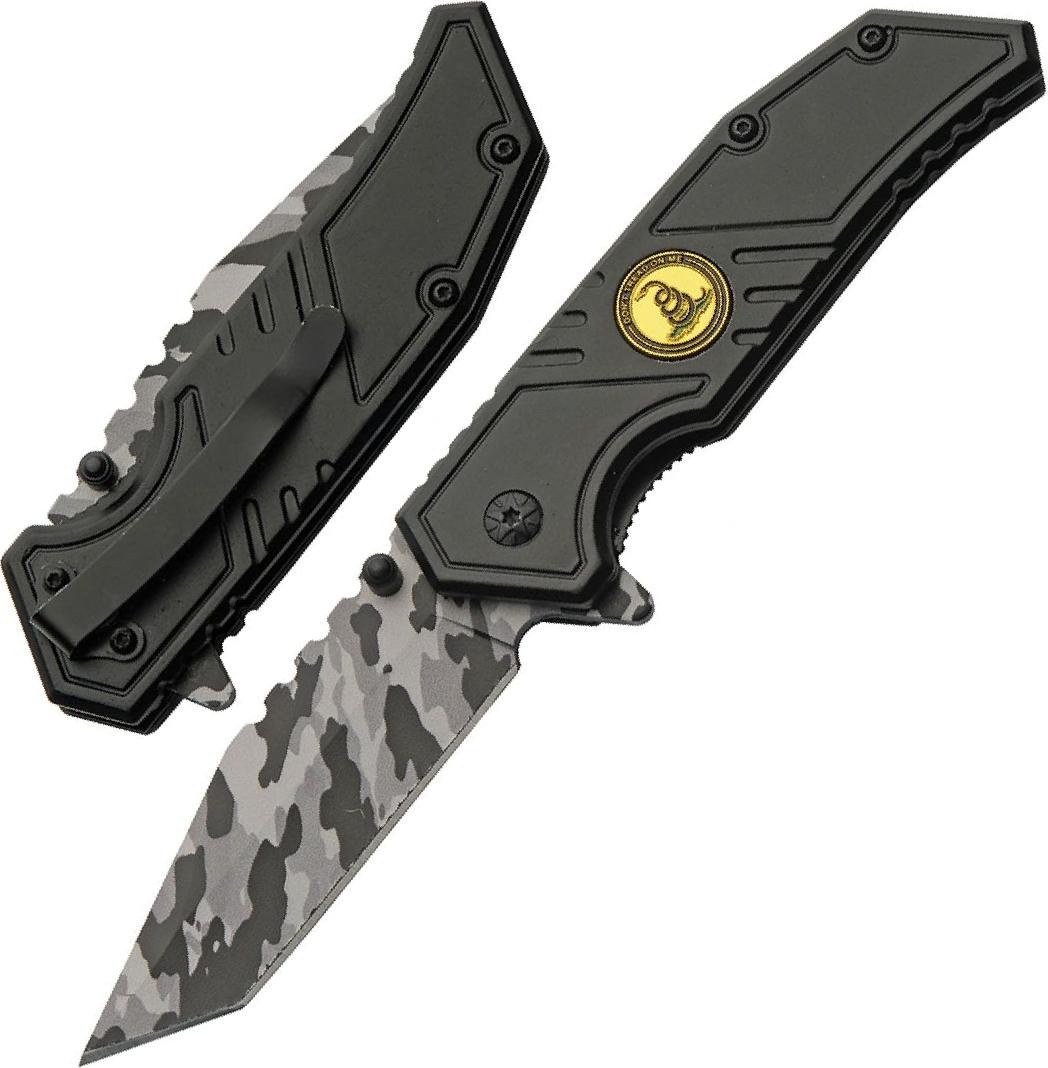 Spring-Assist Pocket Knife | 3.5in Black Camo Tanto Blade Don't Trade on Me