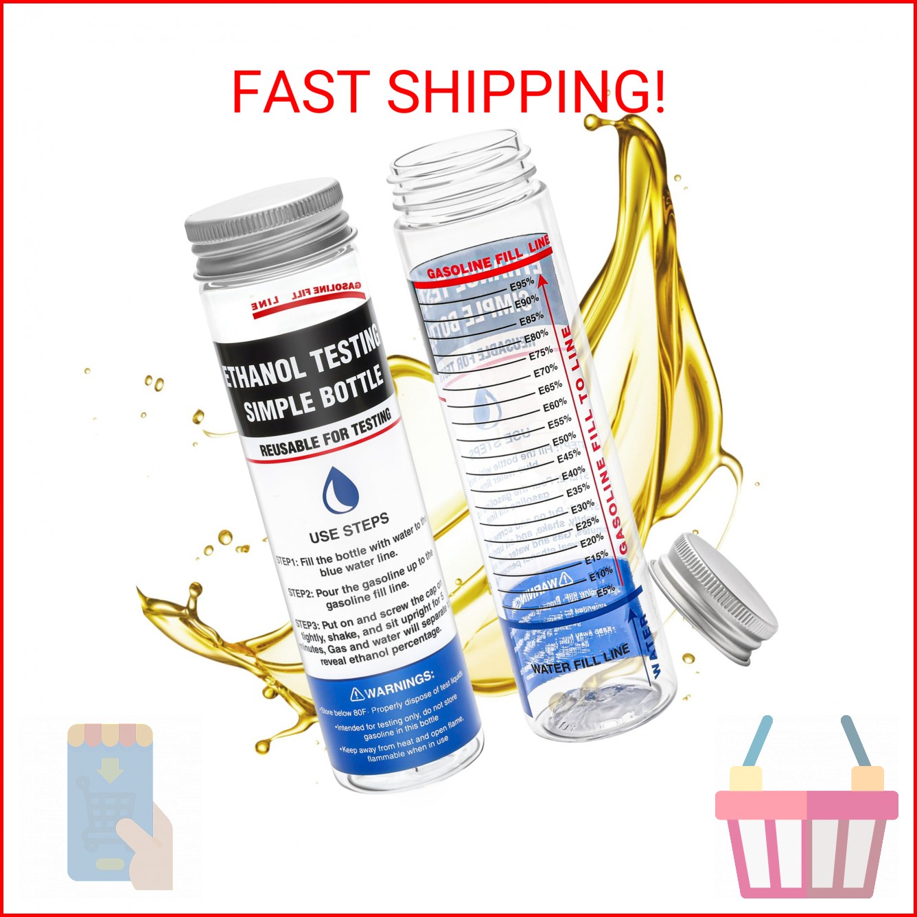 Windspeed 2 Pack e85 Ethanol Tester Bottle, E85 Fuel Gasoline Octane Level Teste