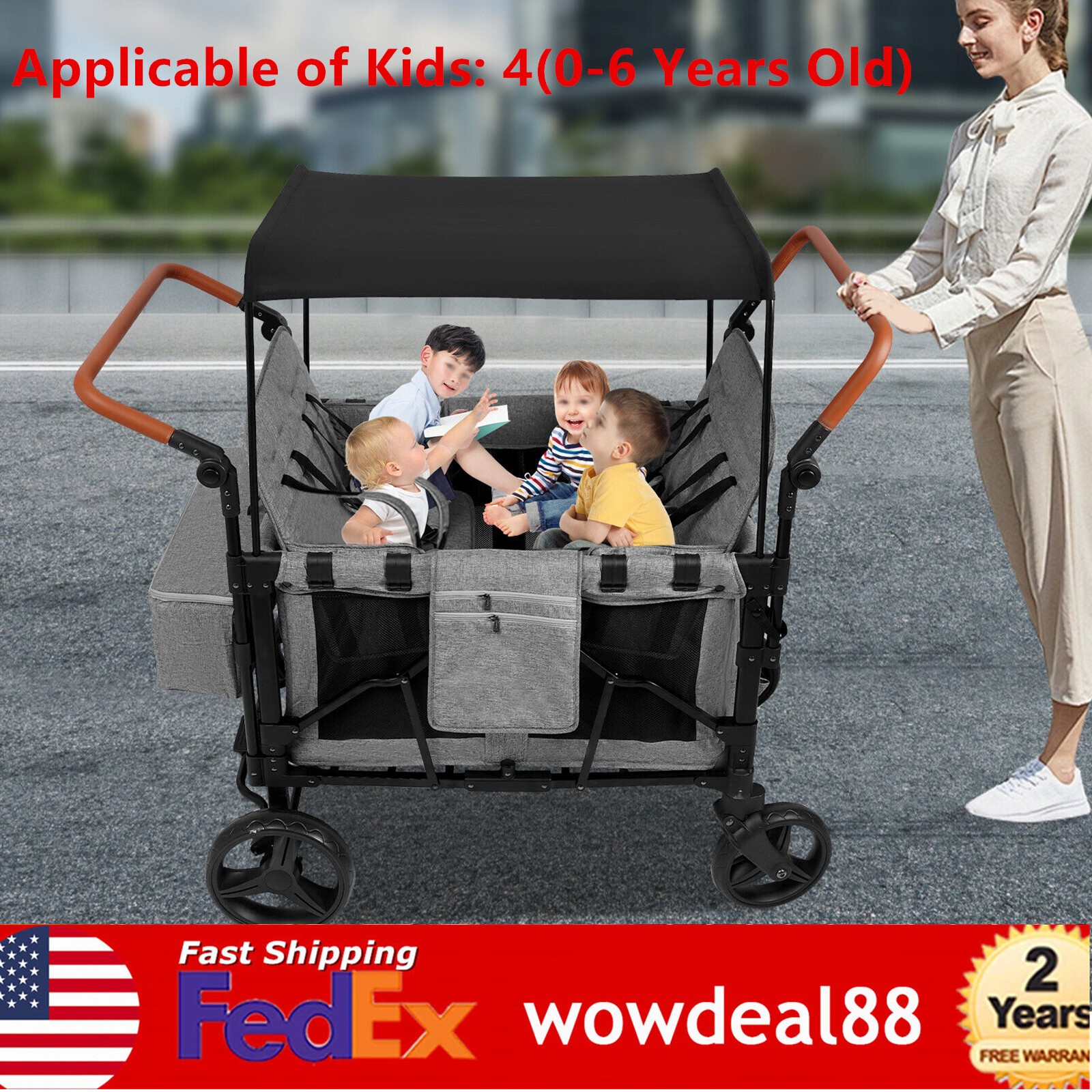 Folding Wagon Stroller for 4 Kids Face To Face High Seat Holds 264lbs & Canopy