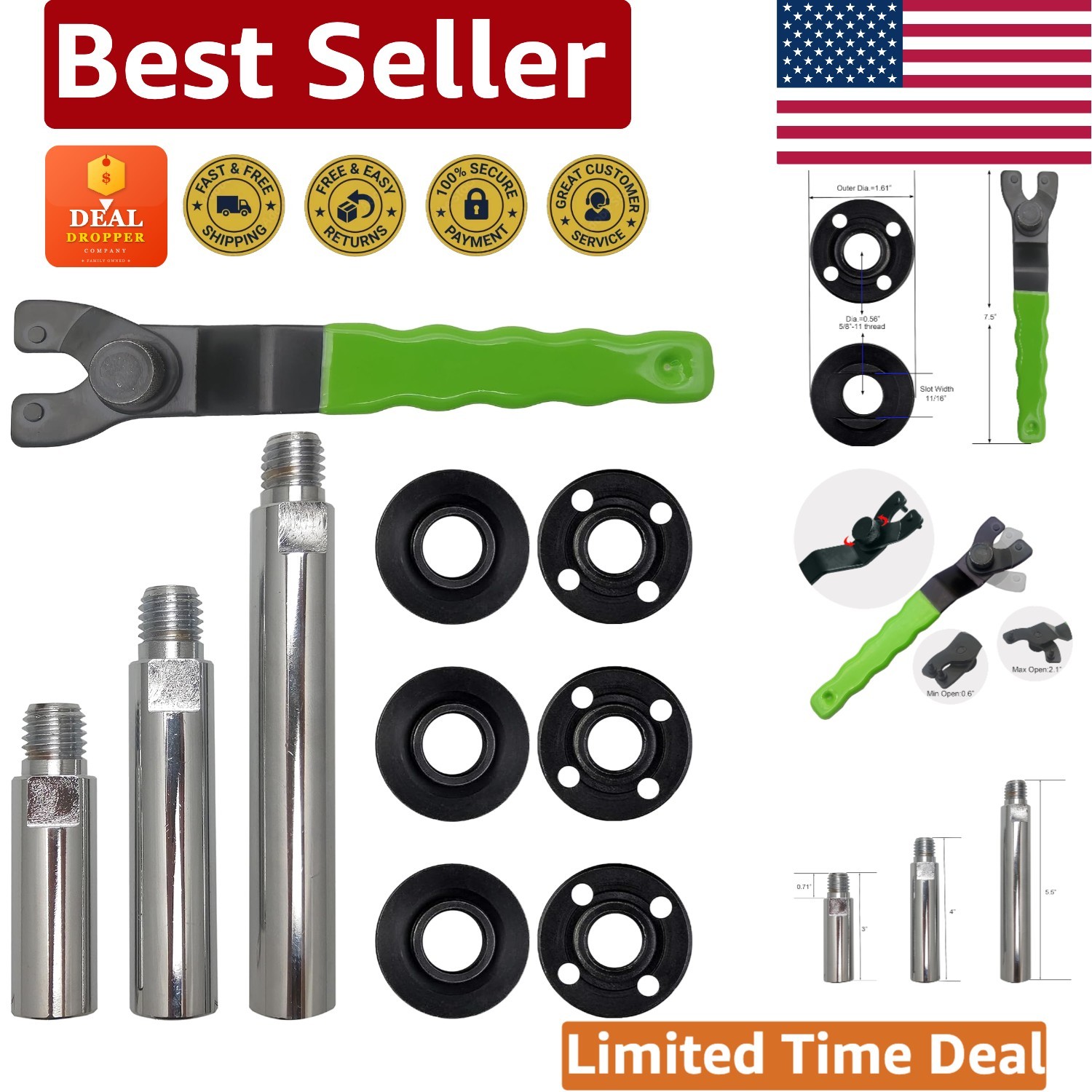 Versatile 5/8"-11 Grinder Extension Rods Set - 3" 4" & 5.5" Sizes for Precision