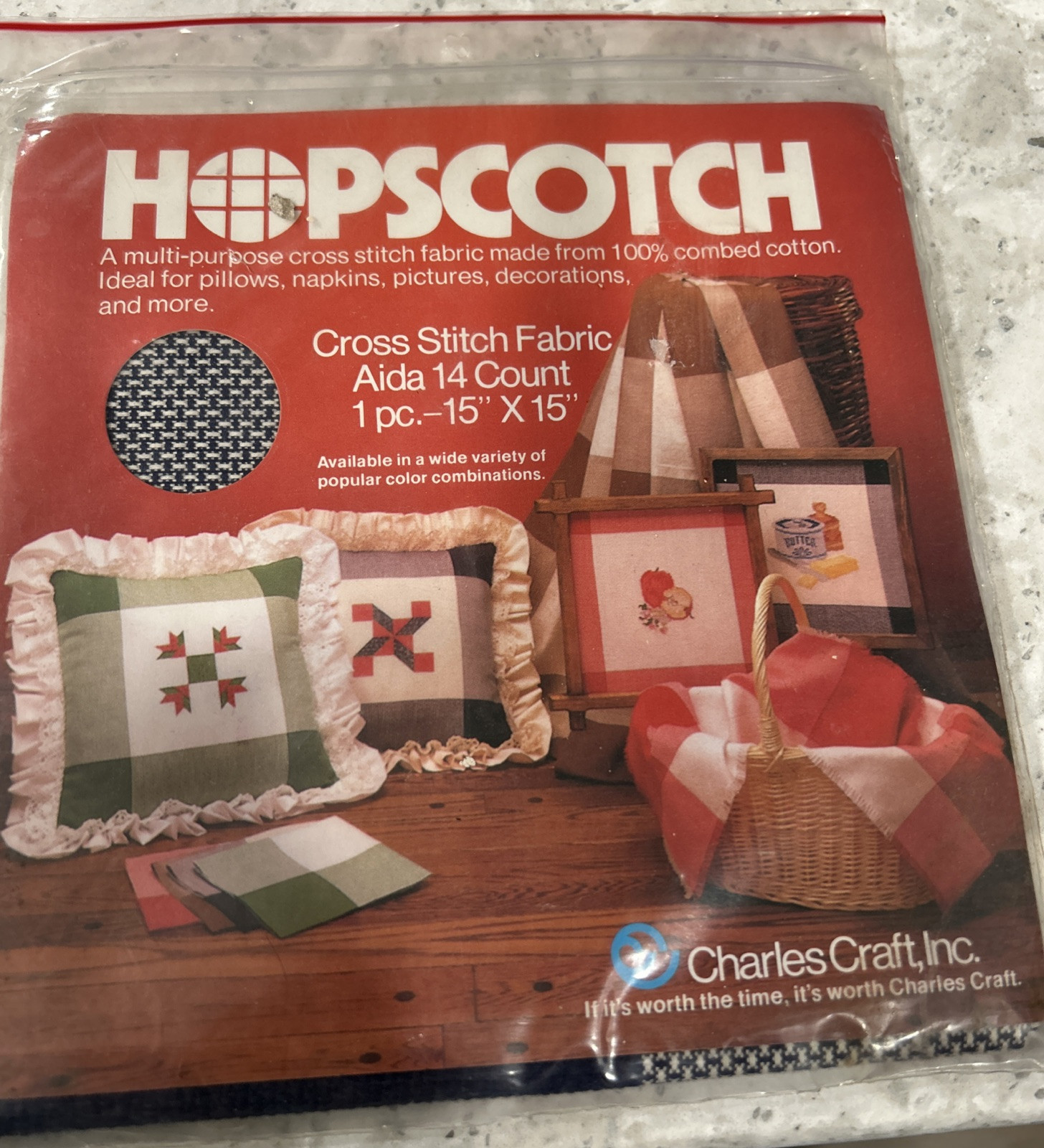Hopscotch Cross Stitch Fabric Aida 14 Count 15"X 15" Blue Vintage