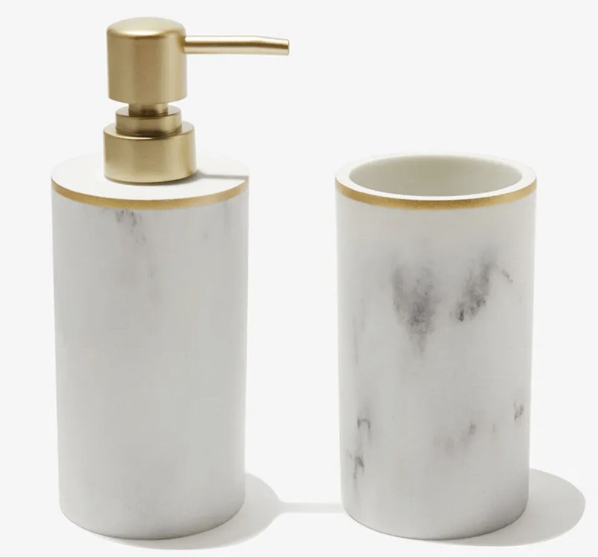 NEW Sunday Citizen Bathroom Set Soap Dispenser & Toothbrush Cup - Resin Marble