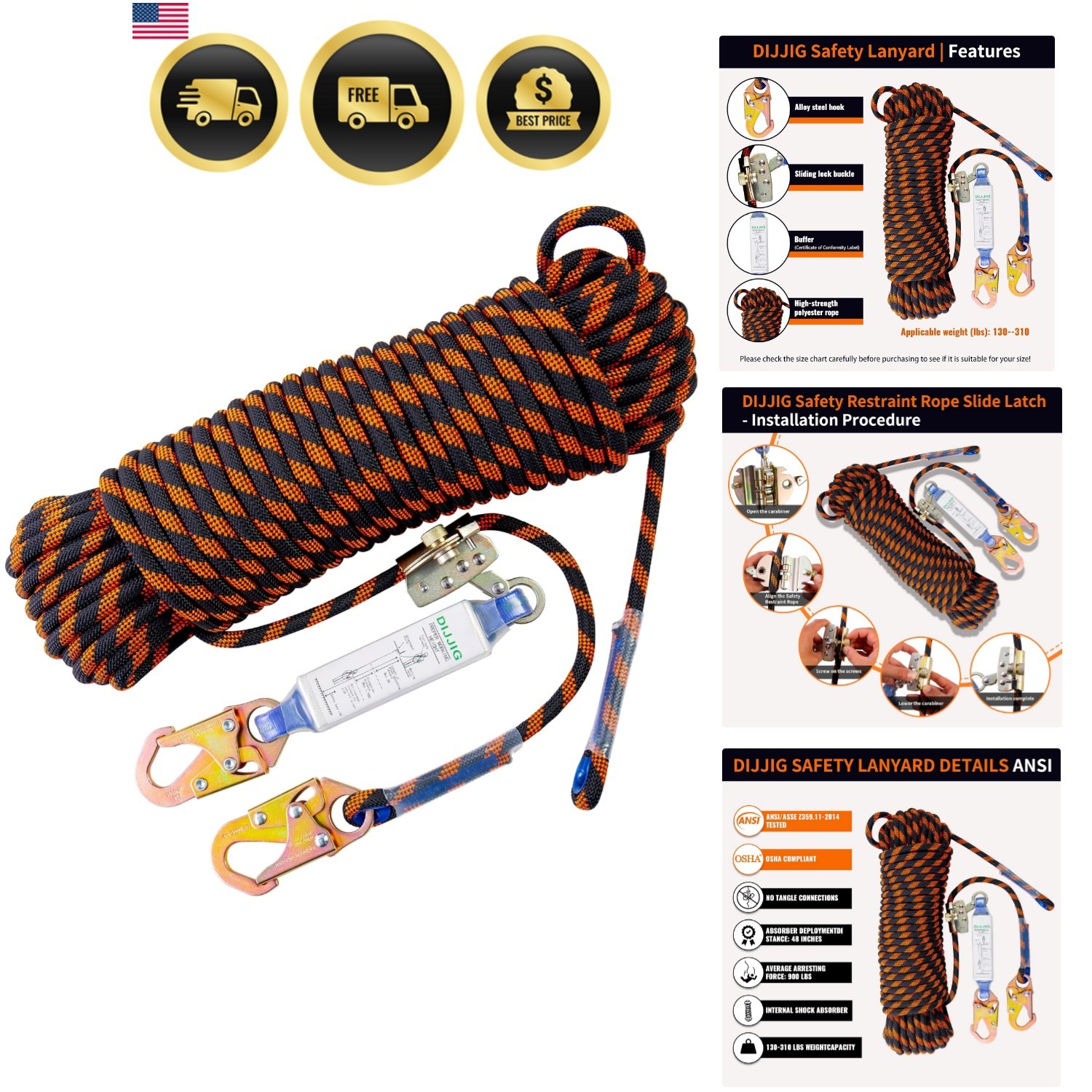 Safety Rope Harness Lanyard 25ft Fall Protection Kit With Hooks Shock Absorber
