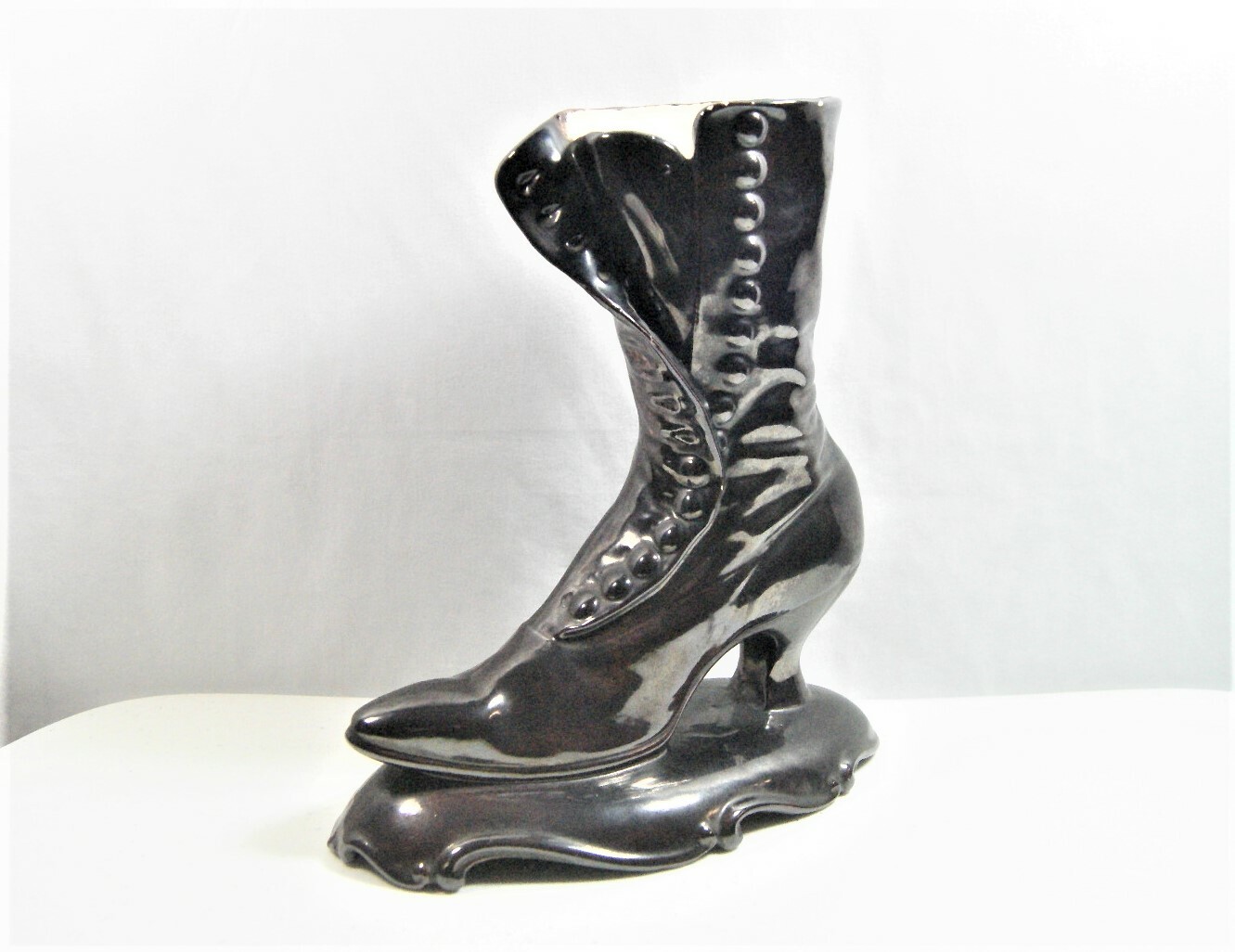 Vintage Atlantic Mold Black Victorian High Top Button Boot Planter Vase 10.5"