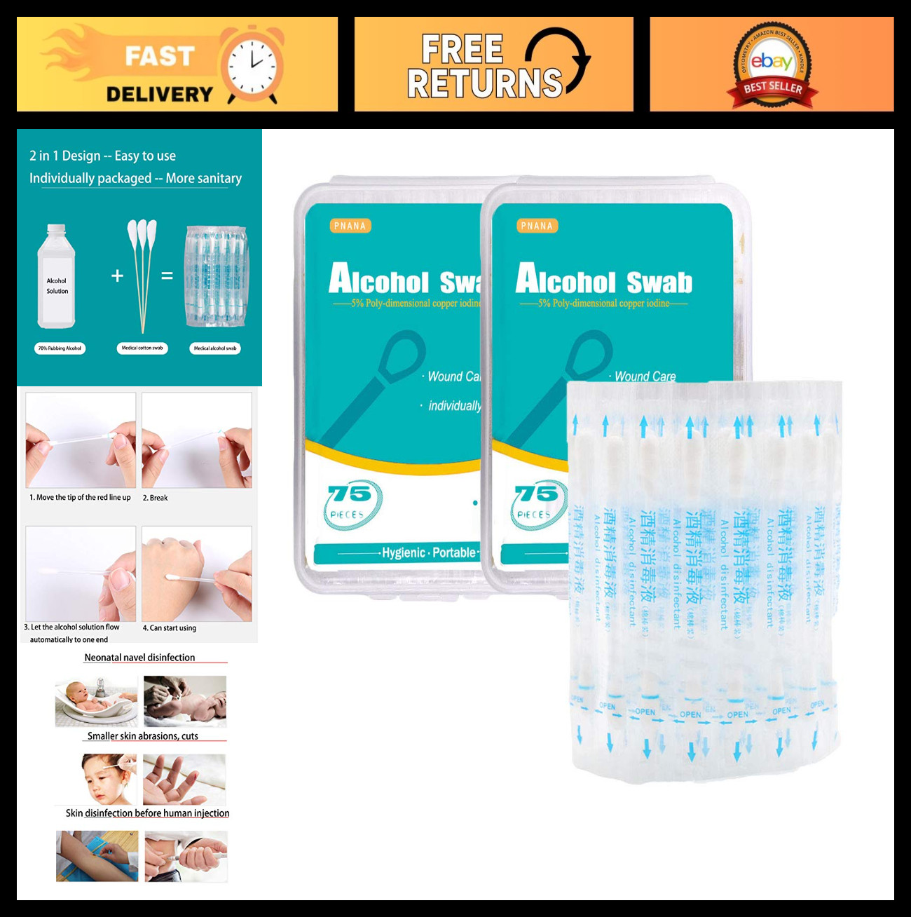 150 Rubbing Alcohol Swabs - Individually Wrapped Cotton Swabsticks for Wound Car