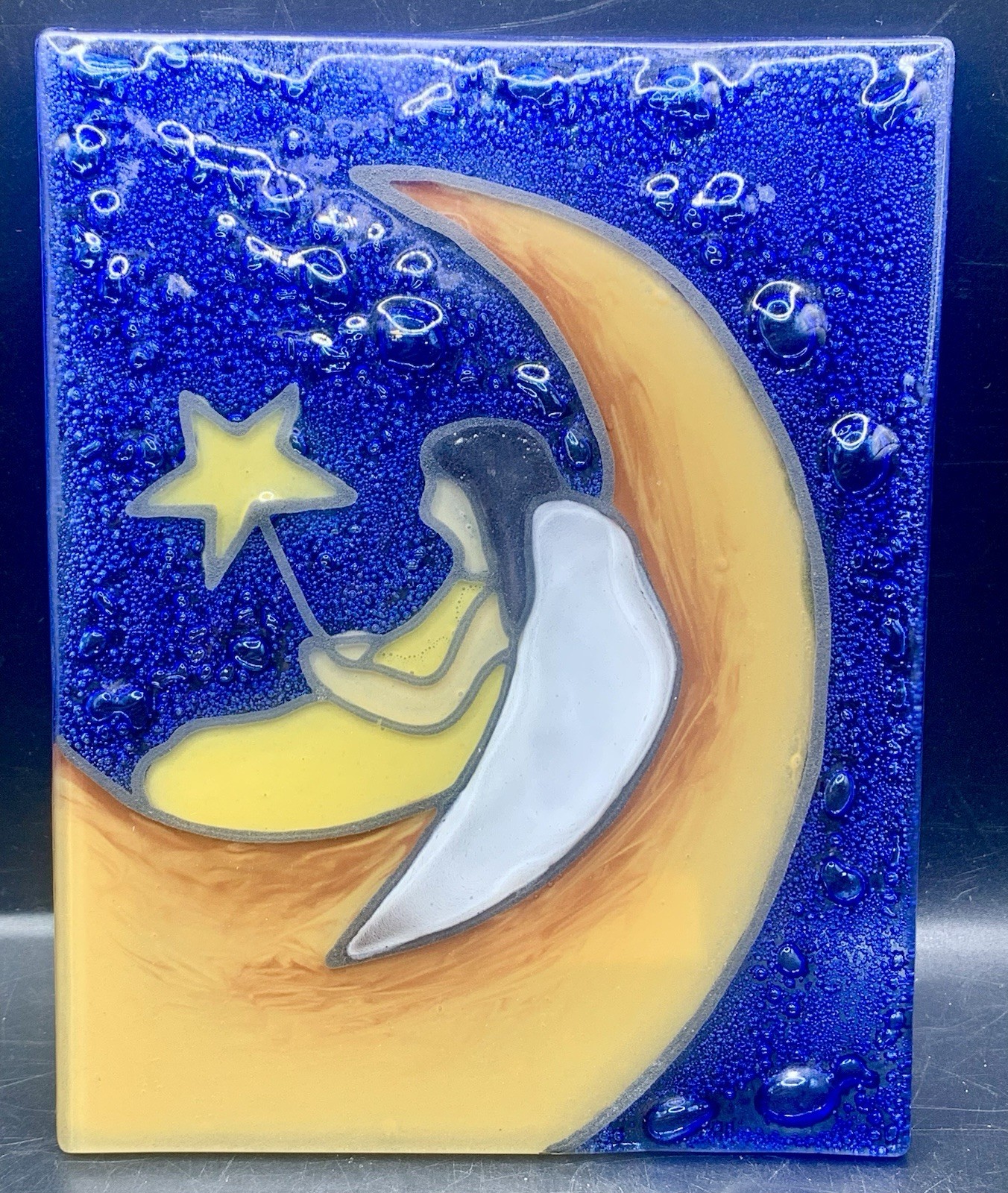 Pam Peana  Fused Glass Sun catcher 5.5x4.25” Angel Sitting On Moon