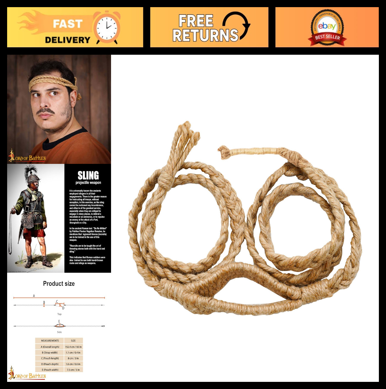 Handcrafted Balearic Sling - Rock Sling for Historical Reenactments, Braided Cor