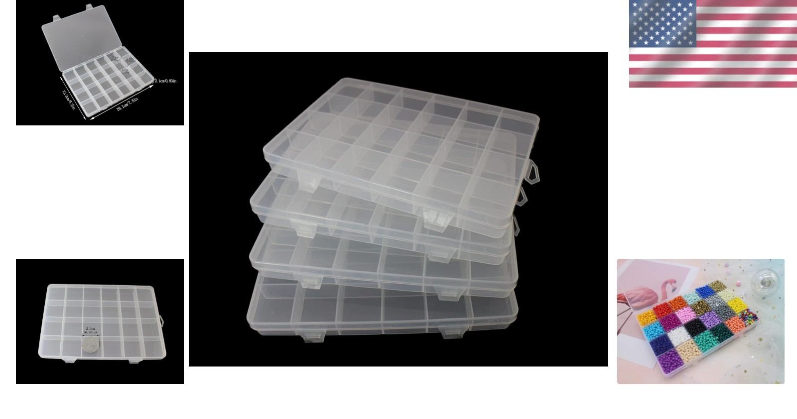 Bead Storage Containers (4pcs 24 Grids Box) Clear Plastic Bead Organizer Box ...