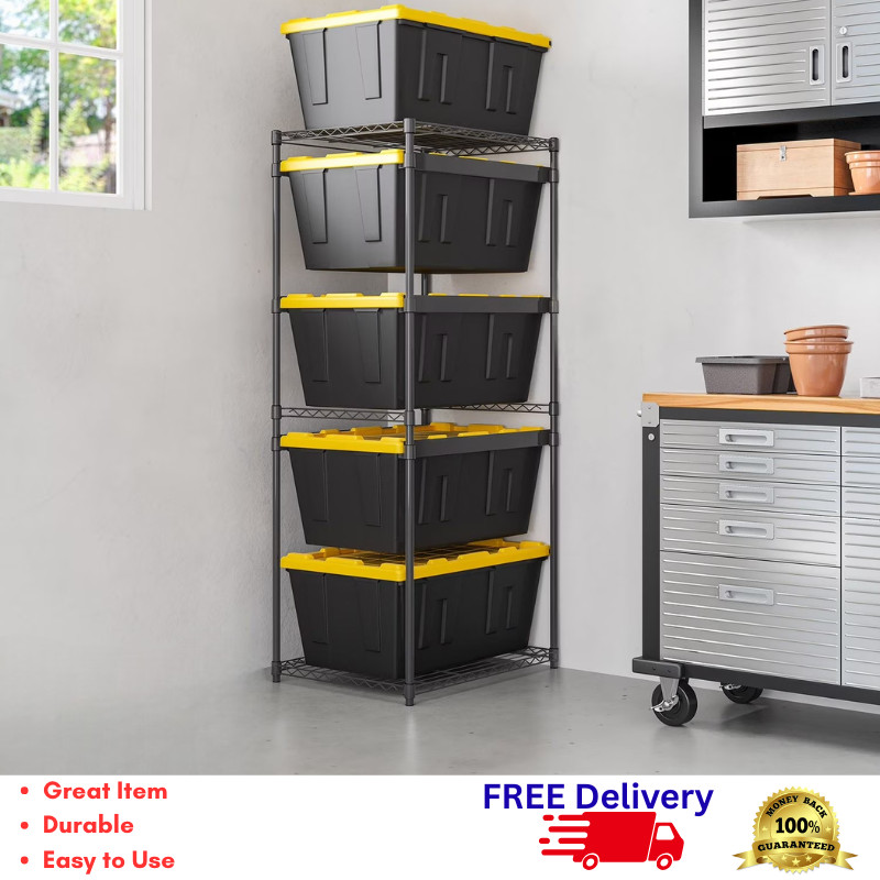5-Tier Storage Tote Rack Heavy Duty Steel Garage Bins Organizer Tower Shelving