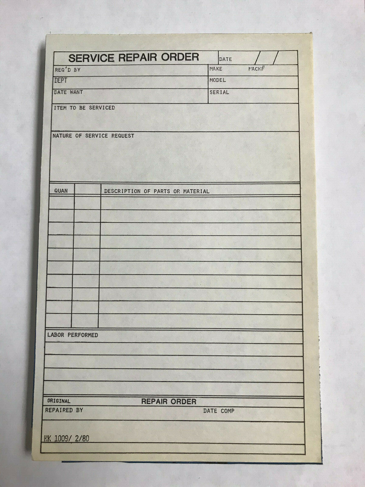 SERVICE REPAIR WORK ORDER FORM CARBON 8-1/2" X 5-1/2"  100 Per Pack