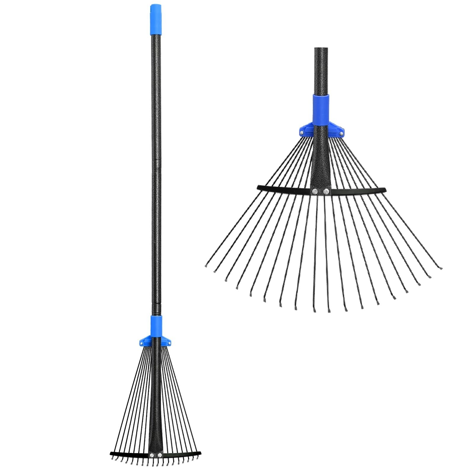 Adjustable Metal Leaf Rake with Long Handle - Heavy Duty Expandable Garden Rake