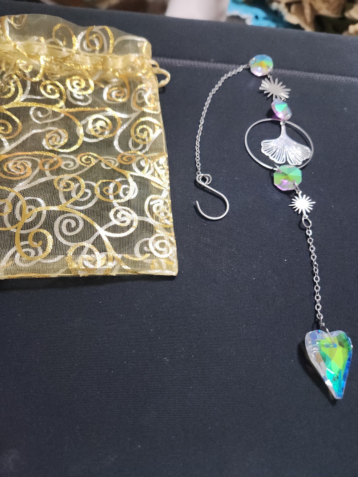 Iridescent Heart Cut Glass  Suncatcher With Gold Organza Gift Bag Tie String New