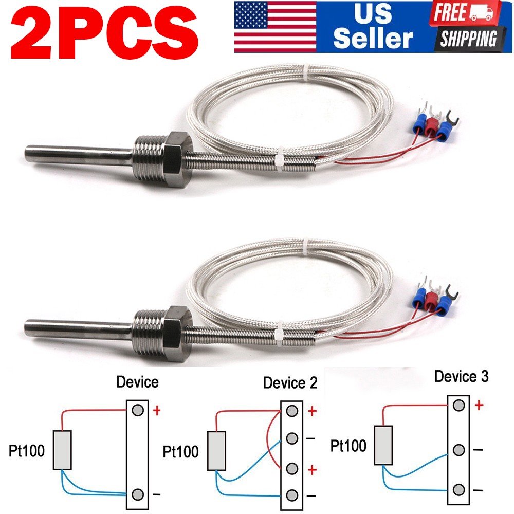 2x Temperature Sensor Probe Waterproof Pt100 Ohm Probe Sensor w/ Insulation Lead