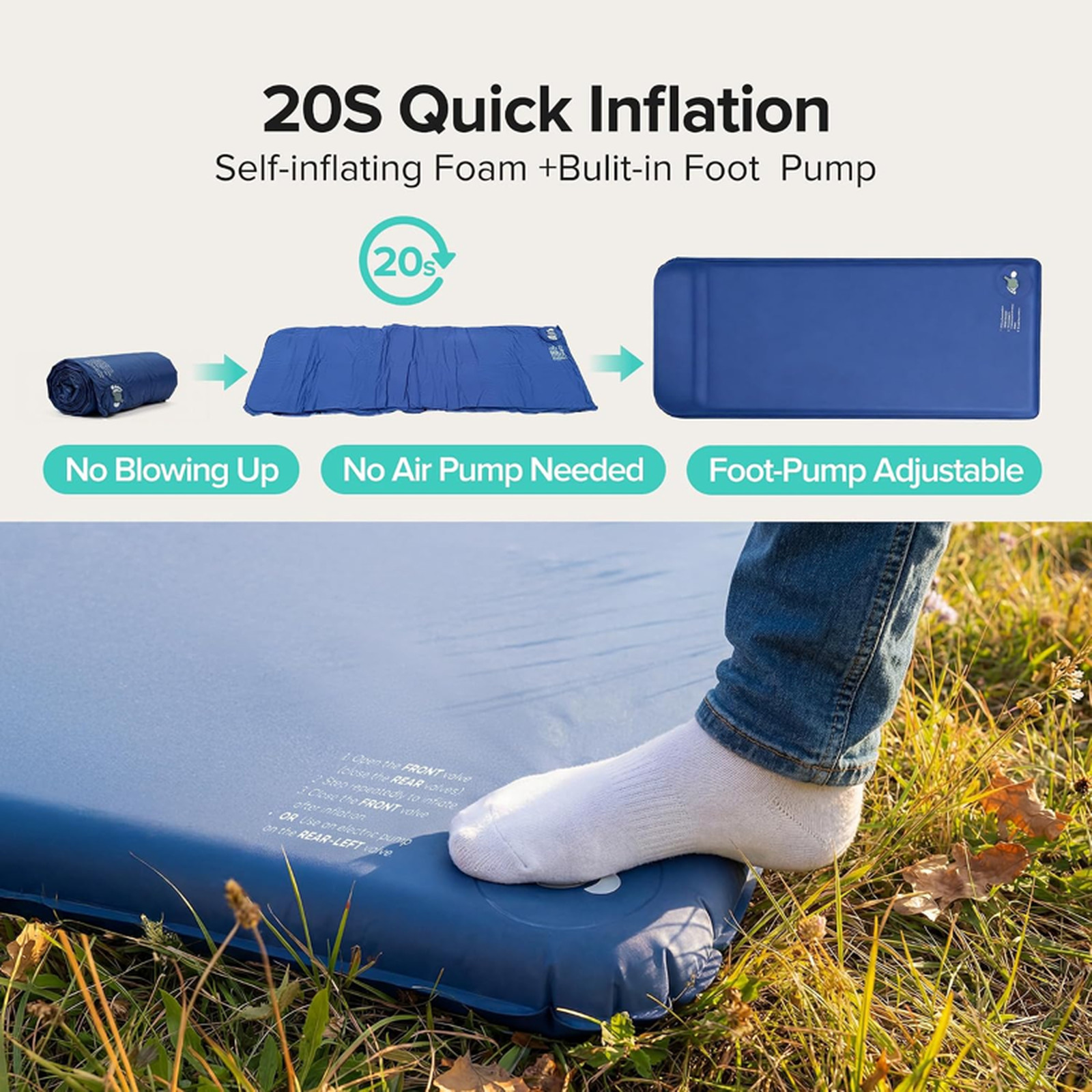 Self Inflating Sleeping Pad for Camping, 3 Inch Thick Memory Foam Sleeping Pad