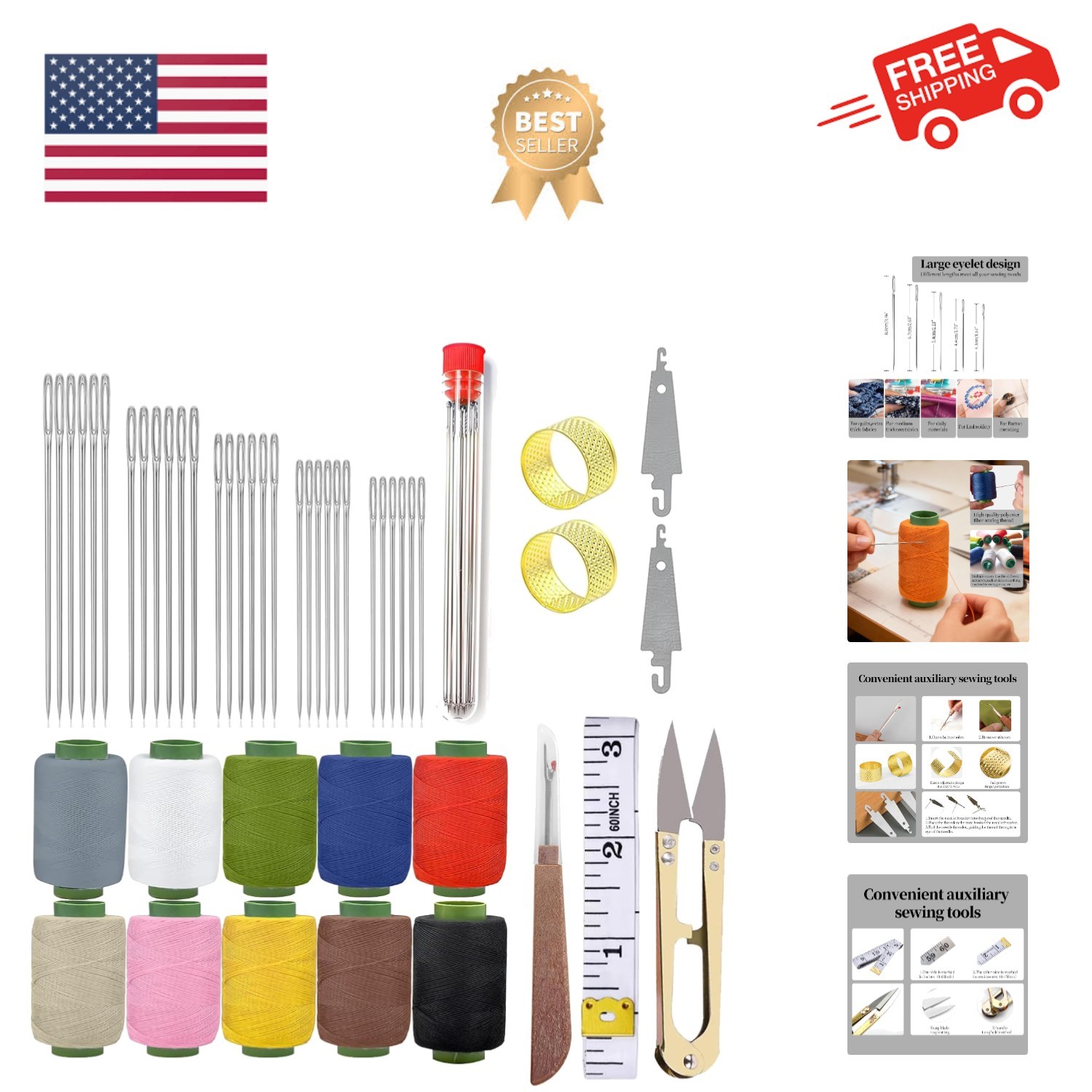 43-Piece Sewing Kit for Adults and Beginners,Big Eye Stainless Steel Sewing N...