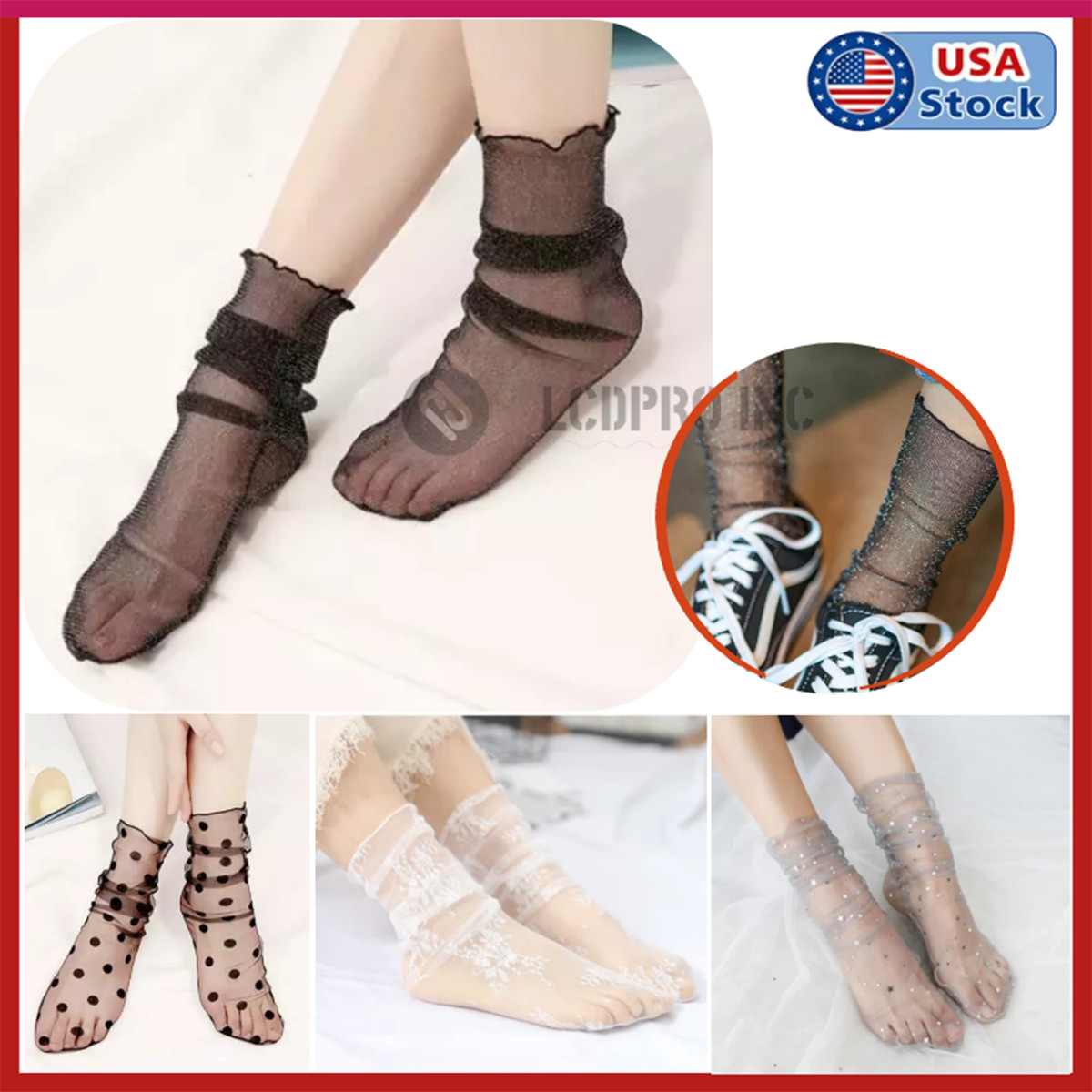 Women Mesh Fishnet Lace Ruffle Socks Sheer Silky Glitter Short Ankle Stocking US