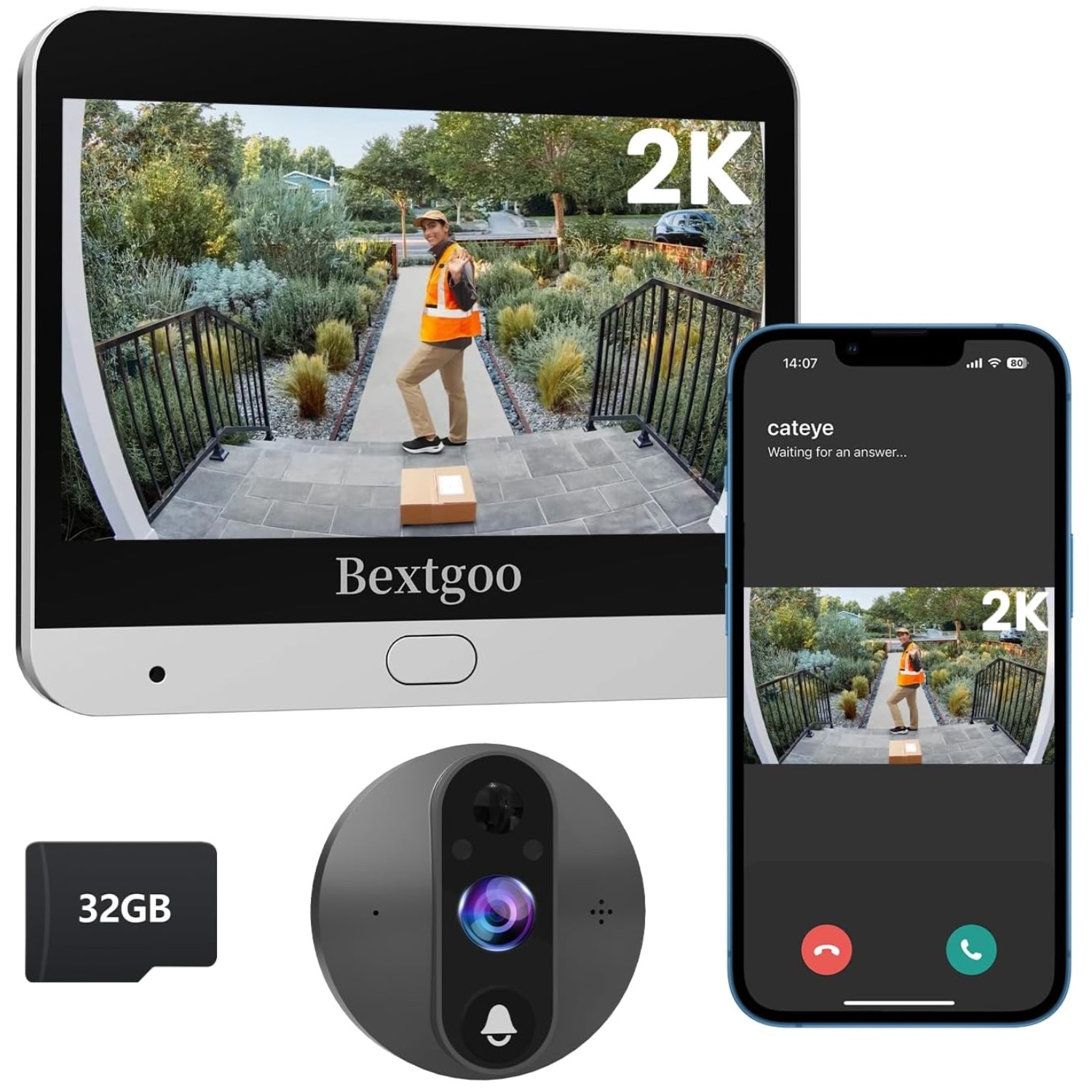 Smart Door Peephole Camera with 2K Video & 32GB Memory