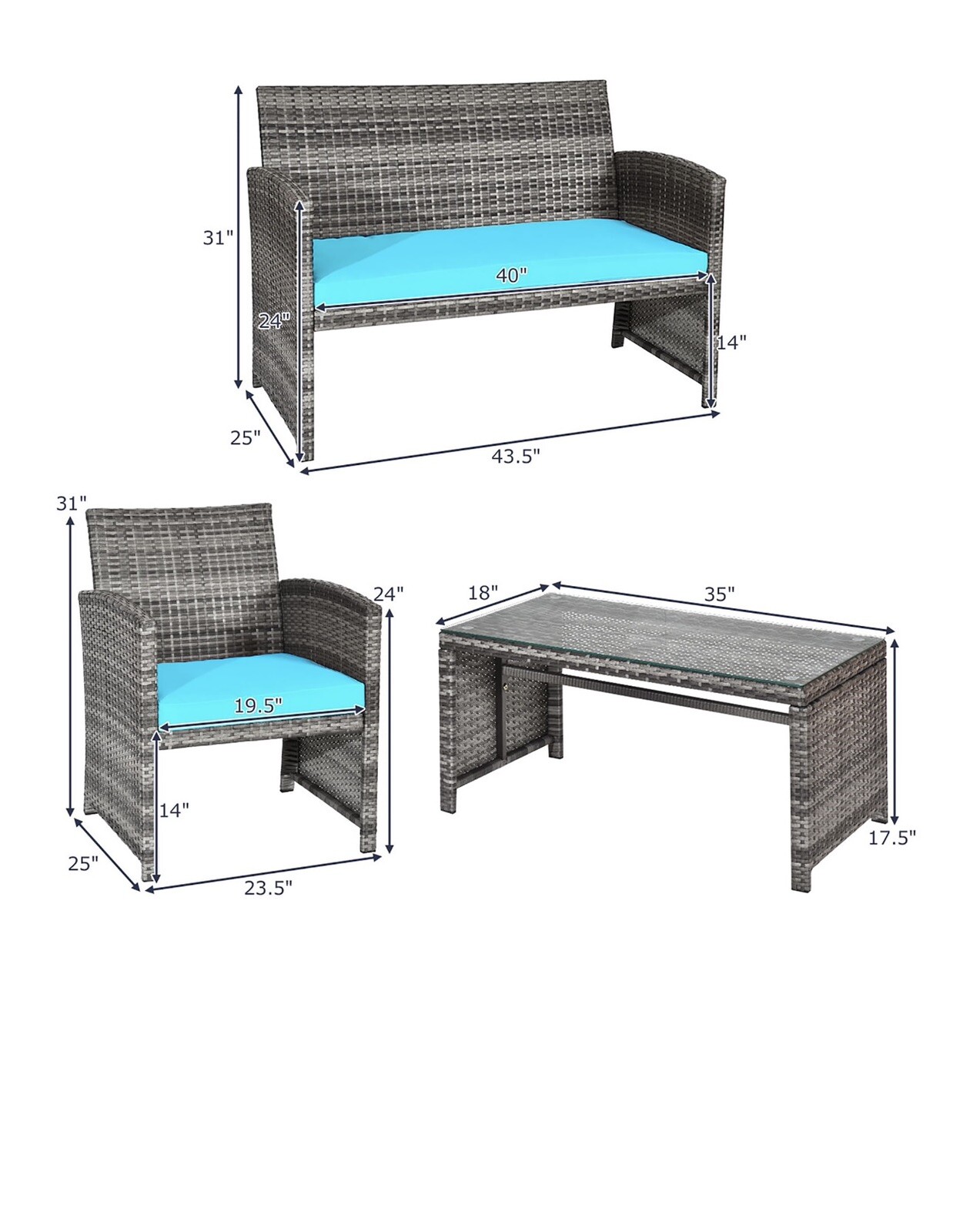 Patio Furniture• Transform Your Patio with 4 Pcs Turquoise Rattan Furniture Set