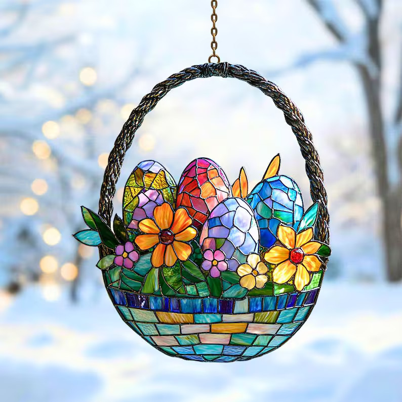 Easter Flowers Egg Basket Suncatcher Acrylic Window Decor Spring Gift