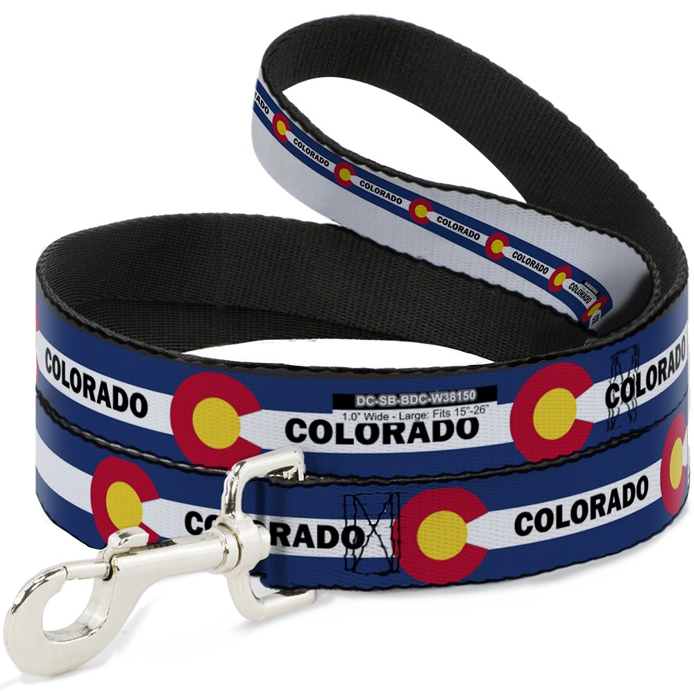 Dog Leash COLORADO Text Flag Blue/White/Red/Yellow NARROW 0.5"