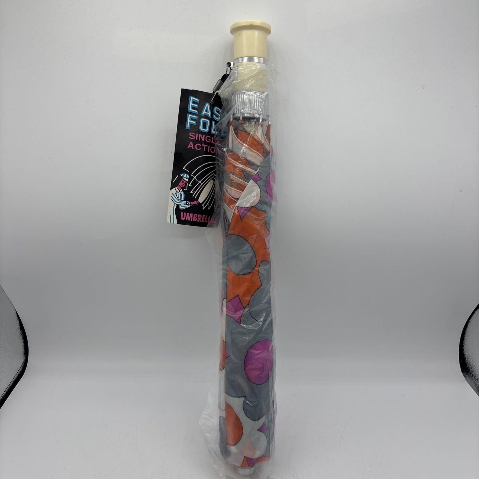 Vtg 70s Floral Umbrella Single Action Neon Pink Orange On Gray Mod MCM