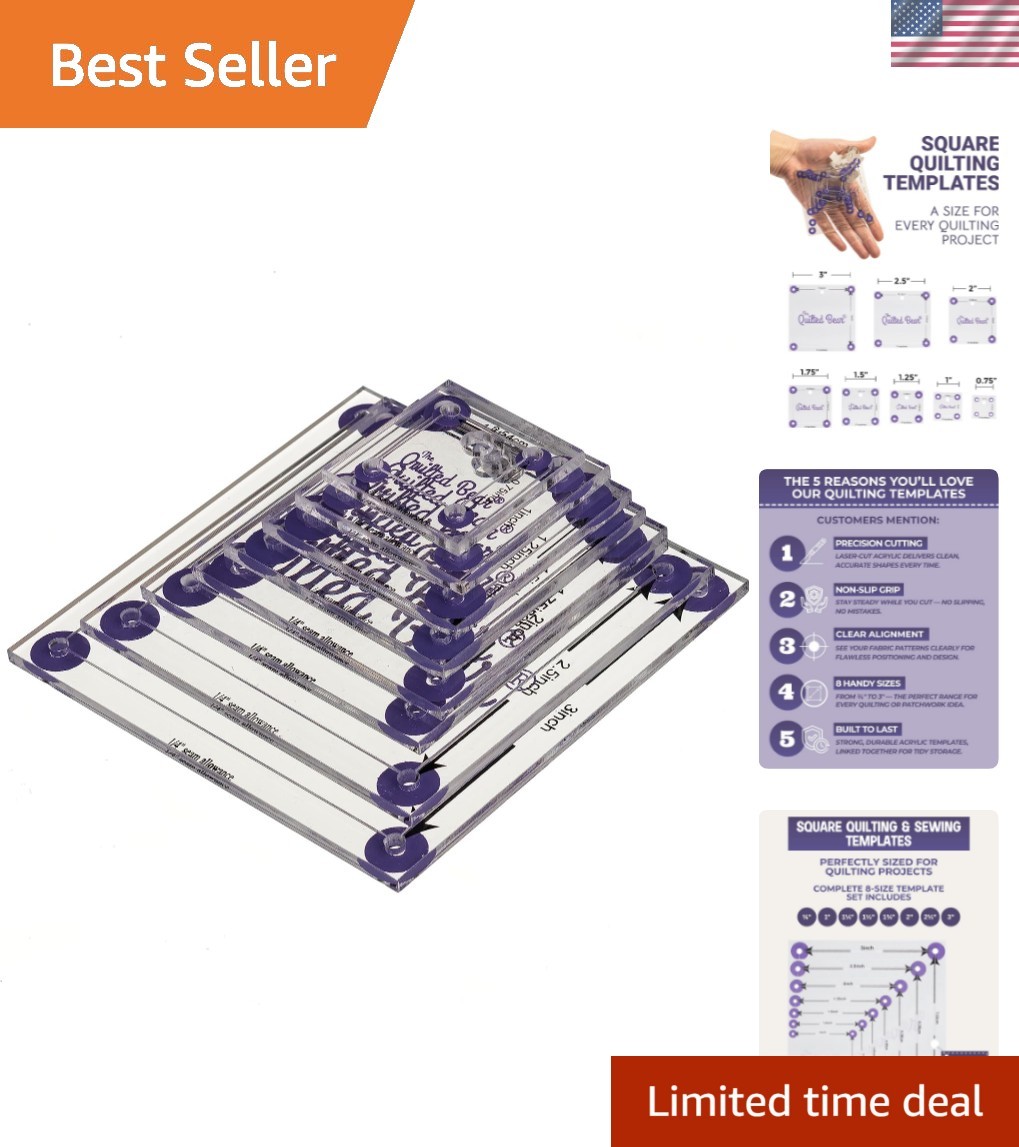 Square Quilting Templates – 8 Clear Non-Slip Acrylic Quilt Templates for Prec...