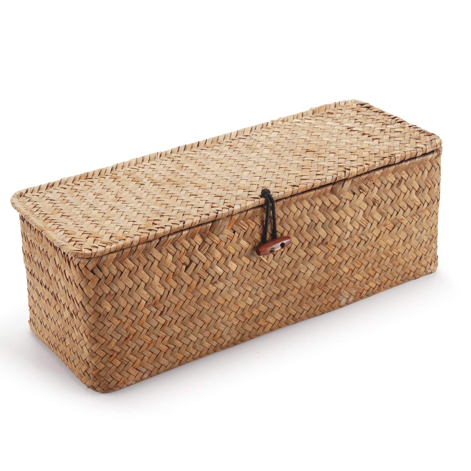 Seagrass Storage Basket with Lid Rectangular Small Woven Shelf Baskets with S...