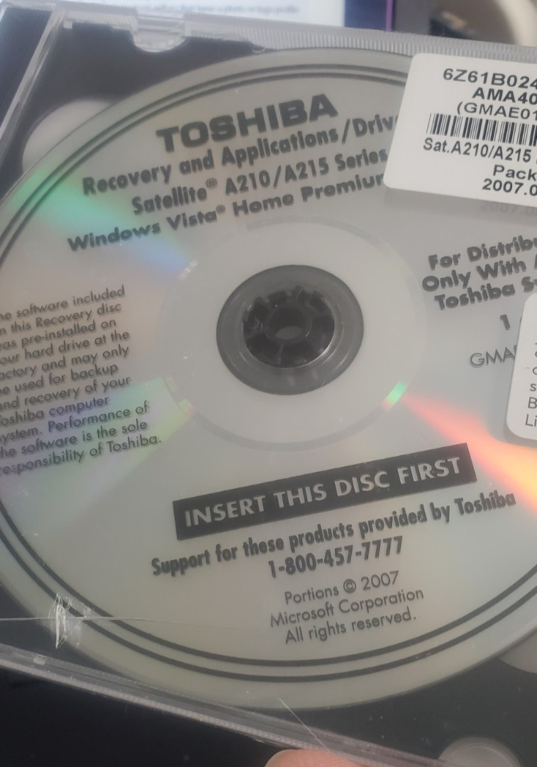 Toshiba Satellite A210/A215 Series Recovery and Applications Disc Vista NEW
