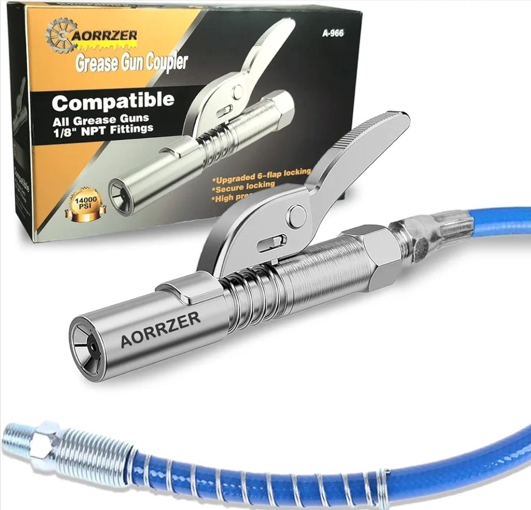 Lock-on Grease Gun Coupler, 12000 PSI Quick Release Compatible w/ 1/8" NPT Gre
