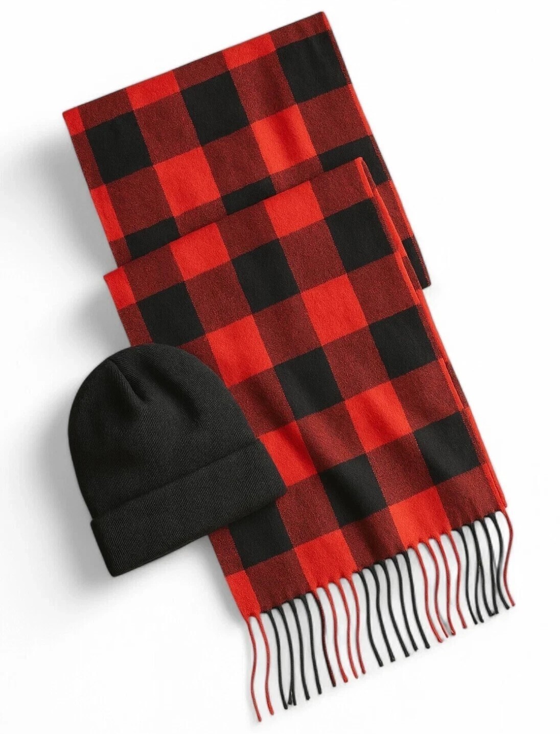 New Mens Club Room Black Rib Knit Cuffed Beanie and Plaid Scarf 2 Piece Set