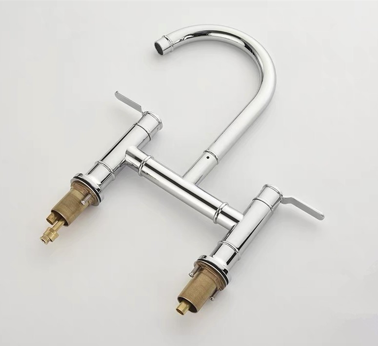 Brass Chrome Kitchen Faucet Double Handles Sink Mixer Tap Two Holes Deck Mounted